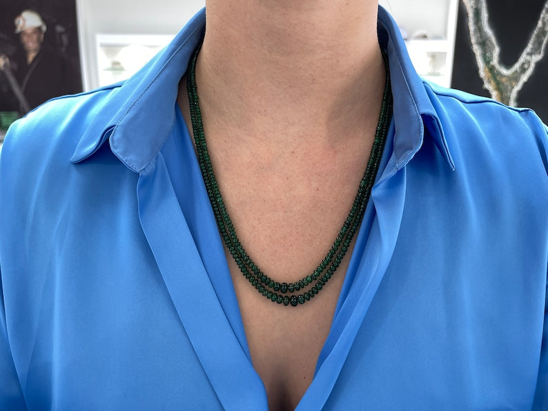 85+ Carat 14K Gold 22 Inch Dark Green Rondelle Emerald Bead 2 Strand Necklace for Women - Elegant Statement Jewelry for Parties, Weddings & Special Occasions