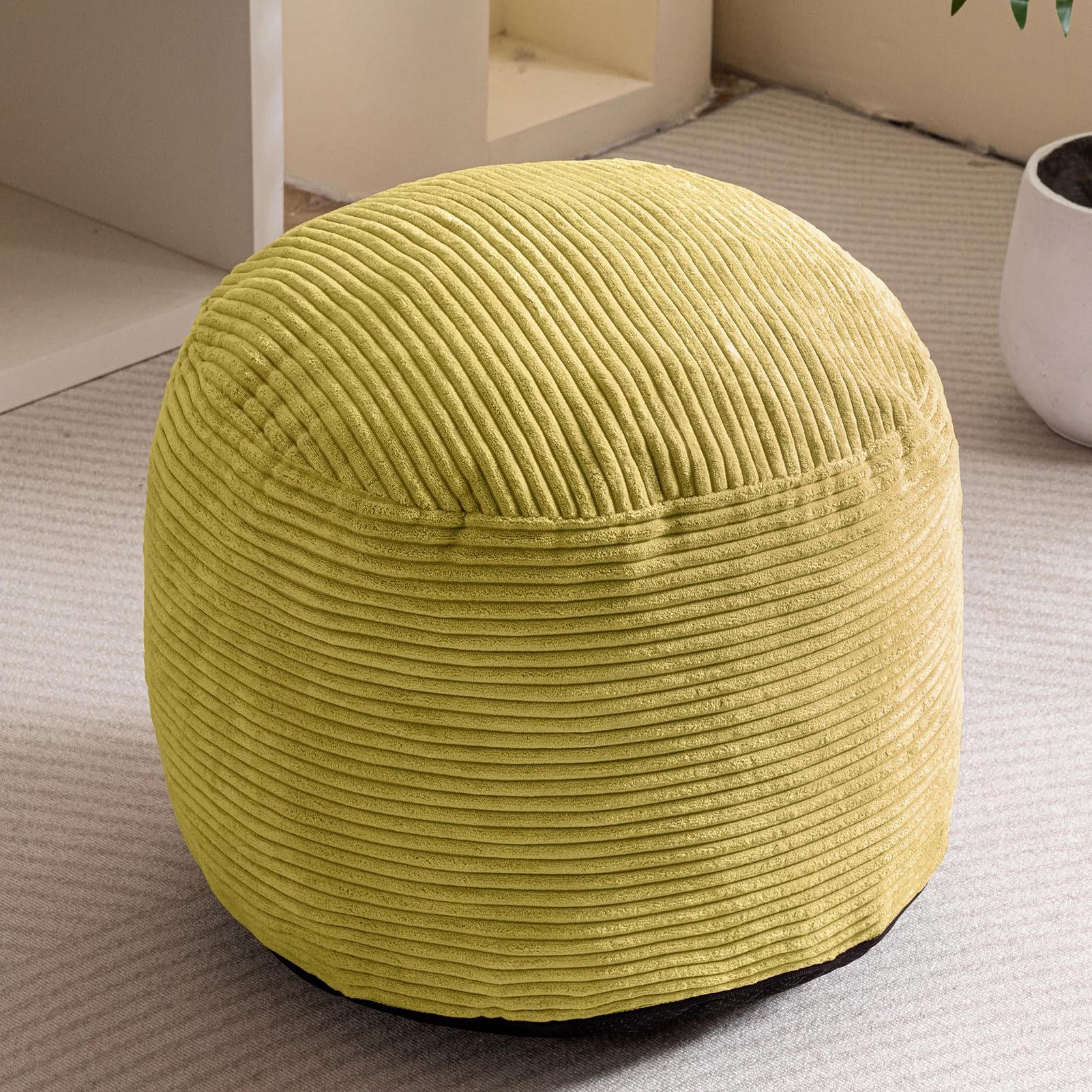 MAXYOYO Round Stuffed Pouf Ottoman - Corduroy Foam-Filled Footrest & Seating, 20 x 15 Inches, Green - Perfect for Living Room, Bedroom & Nursery Decor