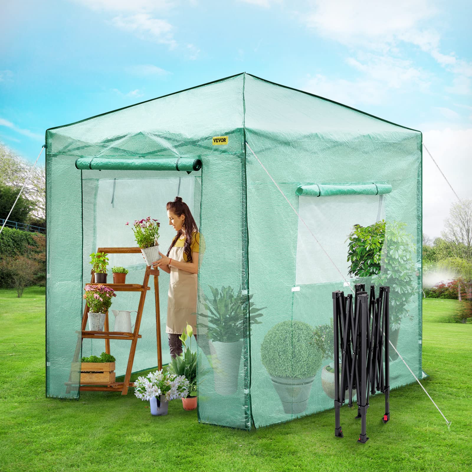 VEVOR 8x6x8 FT Pop Up Greenhouse - Portable Instant Greenhouse with PE Cover & Steel Frame - Easy Setup in Minutes - Ideal for Backyard Gardening, Plant Protection & Seed Starting