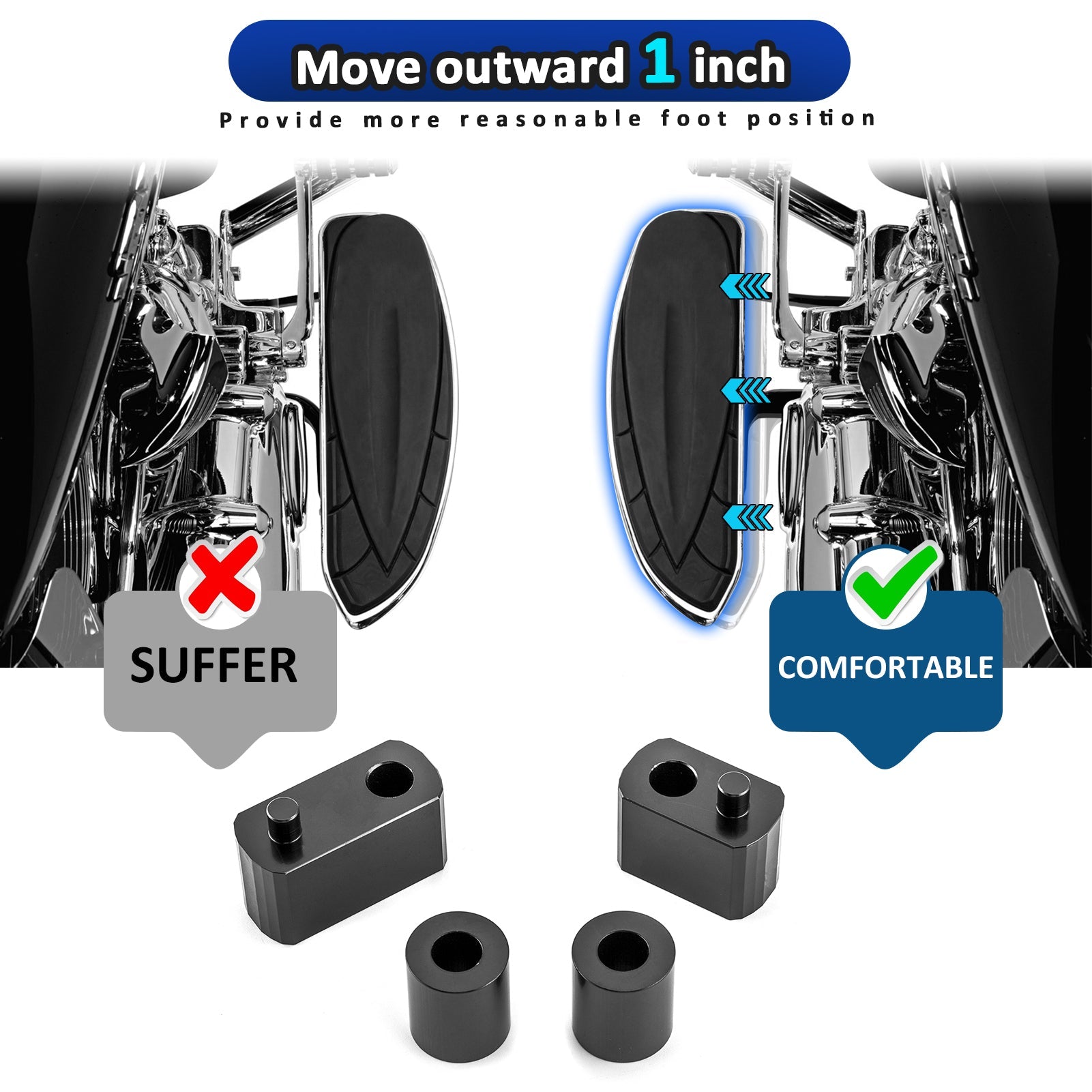 2009-2025 Harley Touring FLHT FLHR FLTR Aluminum Alloy Driver Floorboard Extension Spacers - Improve Comfort & Control for Long Rides & Highway Cruising