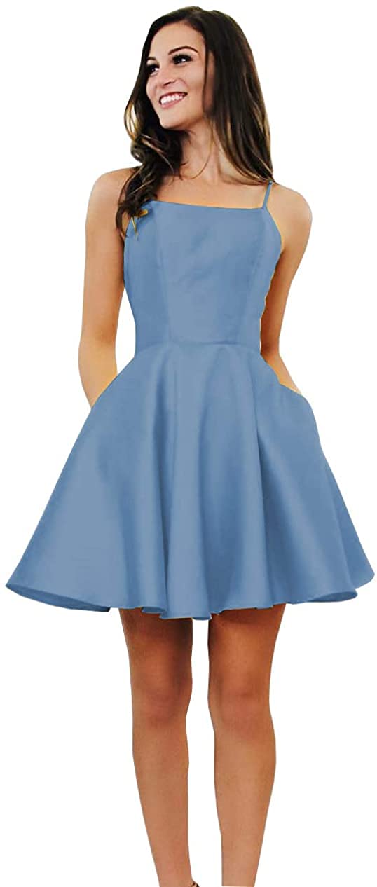 RoBride Spaghetti Strap Short Satin Homecoming Dress | Mini Formal Party Gown with Pockets for Women & Juniors | Perfect for Prom, Cocktail Parties & Special Occasions