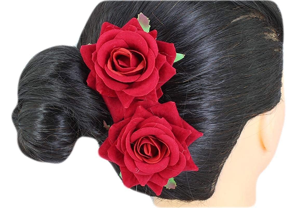 Pranavi Collection Hair Donut Bun Maker - Small, Medium & Large 3-Size Combo with 2 Red Rose Hair Pins - Perfect for Updos, Weddings & Special Occasions