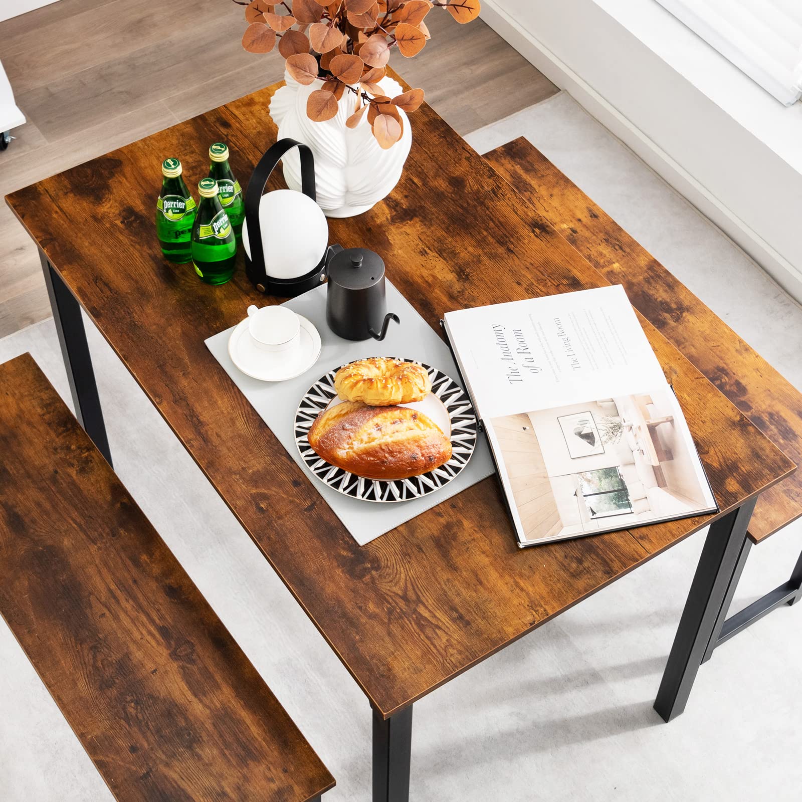 Giantex 4-Piece Industrial Dining Table Set with 2 Benches - Space Saving Kitchen Table for Breakfast Nook, Small Dining Room & Apartment - Easy Assembly Mix Brown - Perfect for Family Meals, Coffee Time & Small Space Living
