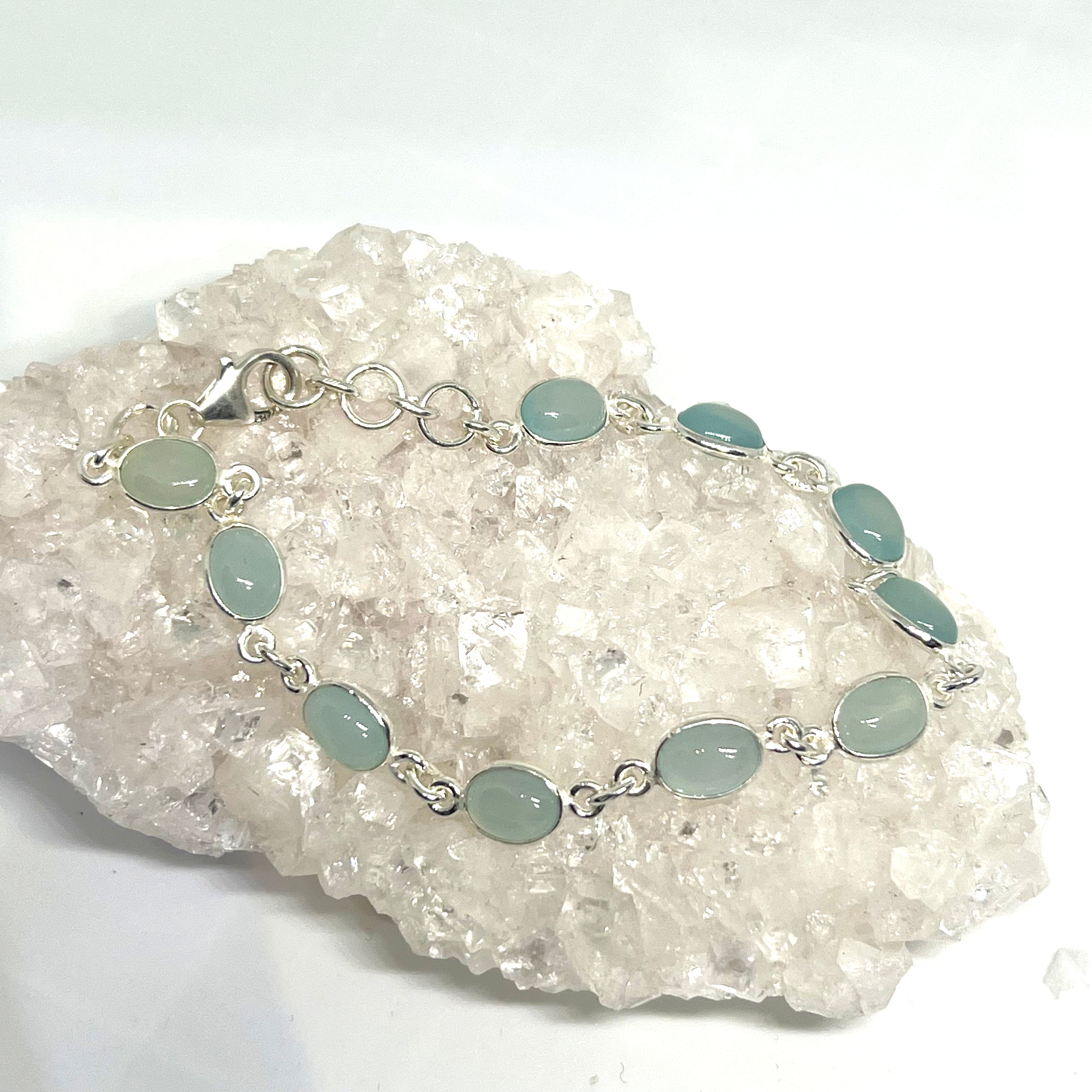 925 Sterling Silver Blue Chalcedony Cabochon Bezel Set Bracelet - Elegant Boho Jewelry for Women, Perfect for Daily Wear & Special Occasions
