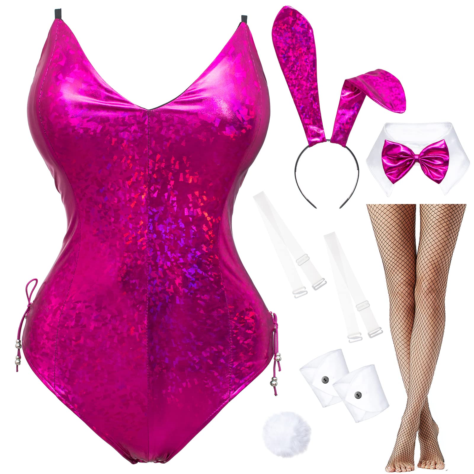 Women's Bunny Costume - Holographic Shining Sparkle Bodysuit with Stockings | Anime Cosplay, Senpai Outfit, Party Dress for Halloween, Rave & Costume Events