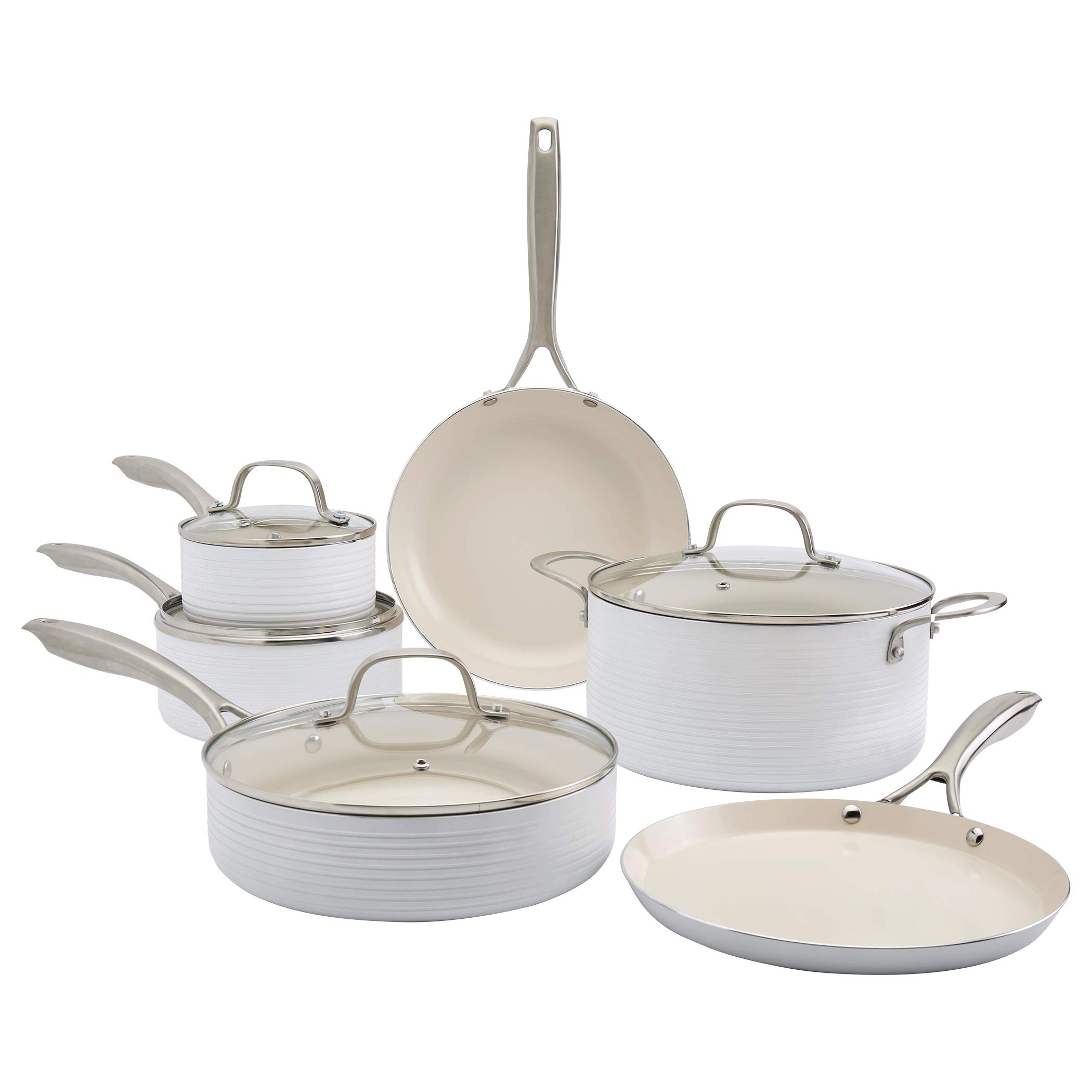 Premium 10-Piece Monaco Cookware Set - Non-Stick Aluminum Cookware for Oven & Stovetop Use | Durable Snow White Kitchen Tools for Professional Chefs & Home Cooking | Perfect for Baking, Frying & Everyday Meal Prep