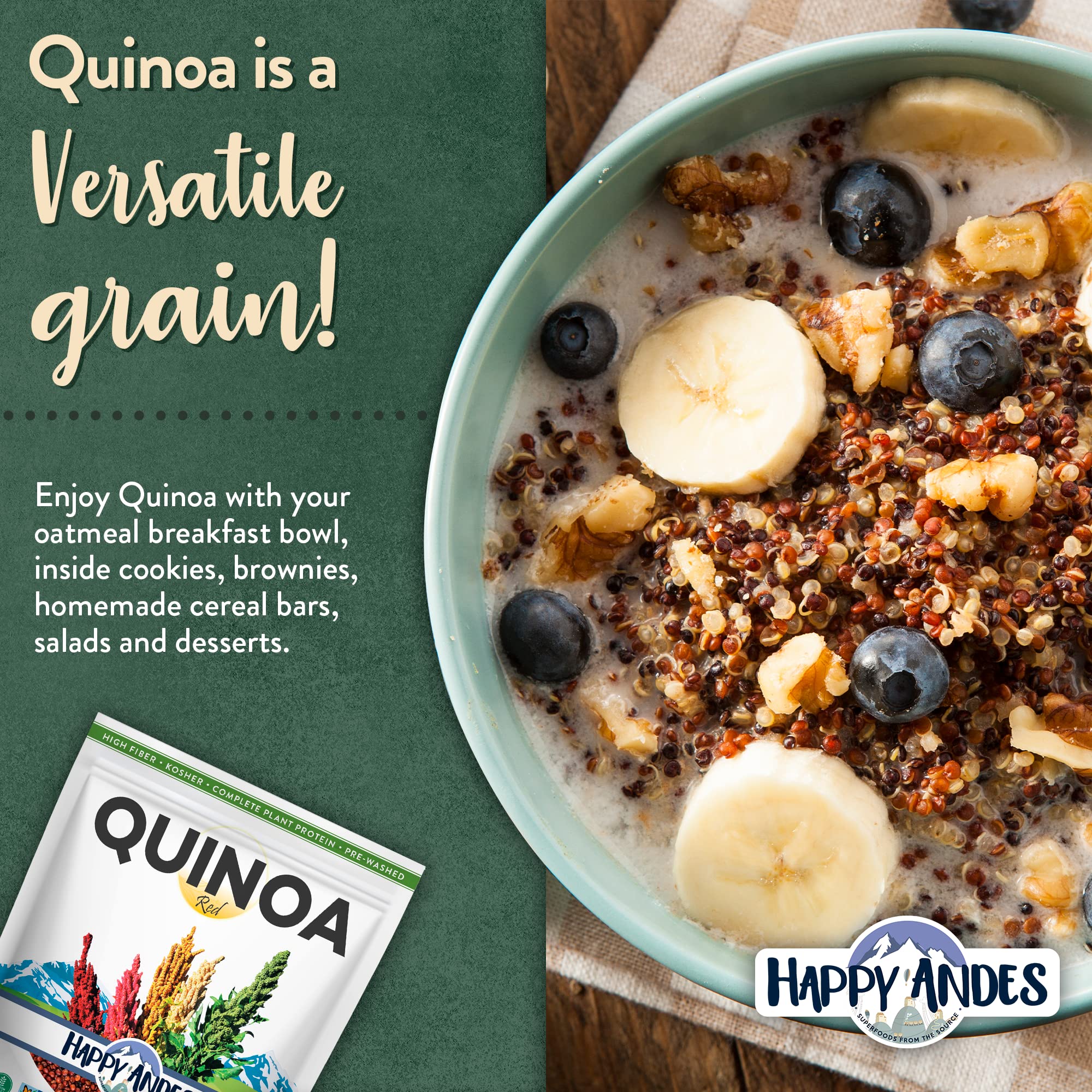 Organic Happy Andes Red Quinoa - Non-GMO, Gluten-Free Whole Grain Superfood | High in Protein & Vitamins | Perfect Rice Substitute for Healthy Meals, Salads & Meal Prep | Ready-to-Cook 3lb Bulk Pack for Oatmeal, Baking & Vegan Recipes