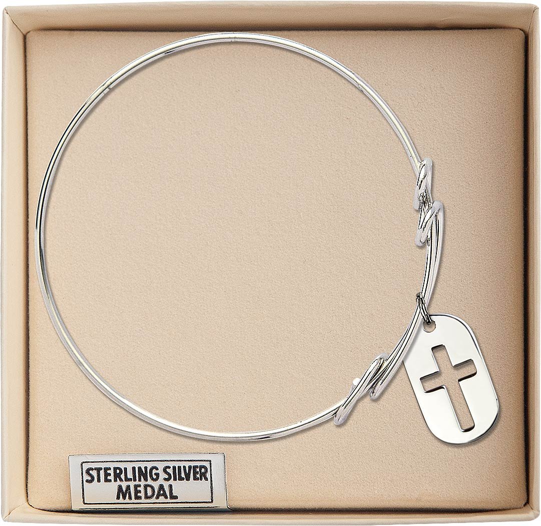 Sterling Silver Round Double Loop Bangle Bracelet with Cross Dog Tag - Elegant Jewelry for Women, Perfect for Everyday Wear, Gifts & Special Occasions