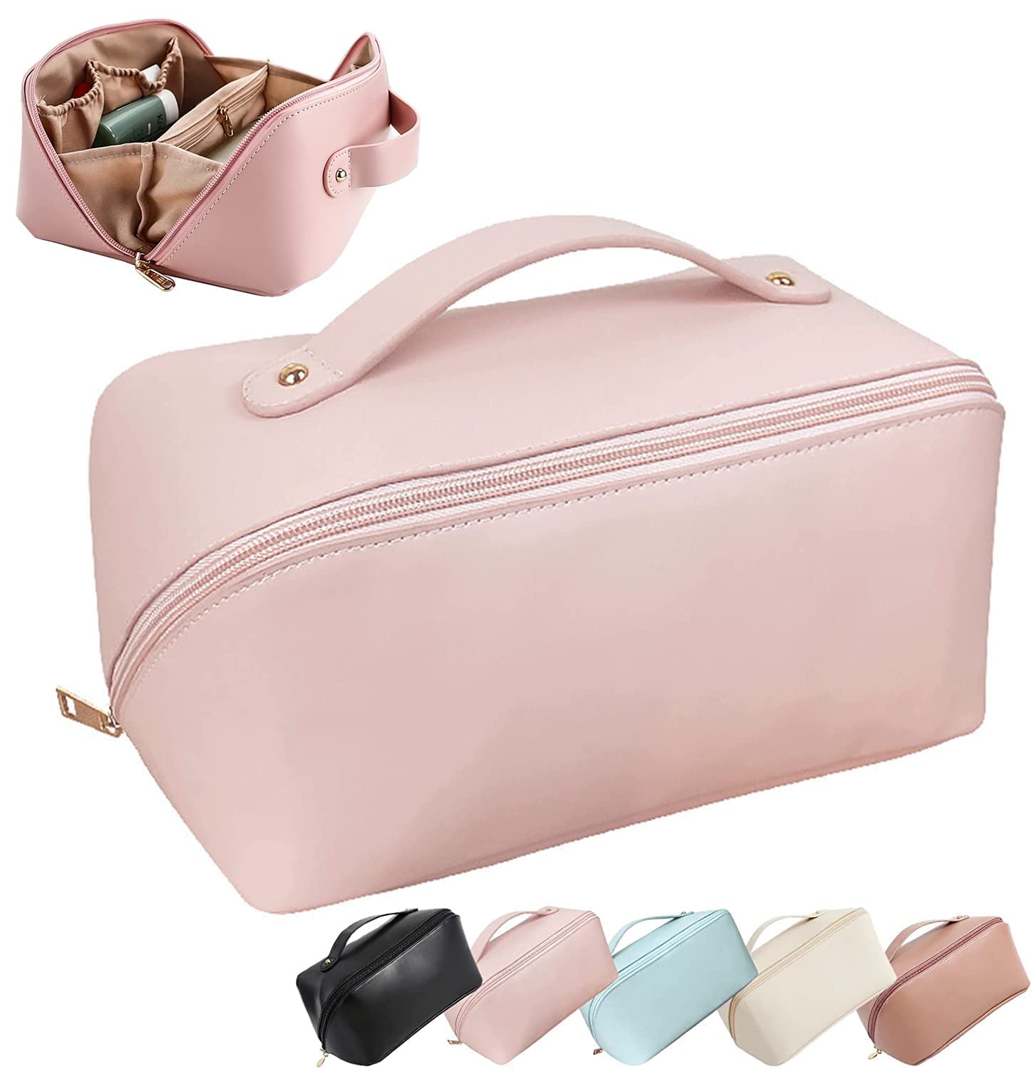 FLOOVI Leather Travel Cosmetic Bag - Waterproof Makeup Organizer with Wide Opening, Handle & Divider - Pink Toiletry Bag for Women & Girls | Perfect for Air Travel, Gym, Weekend Getaways & Daily Essentials Storage