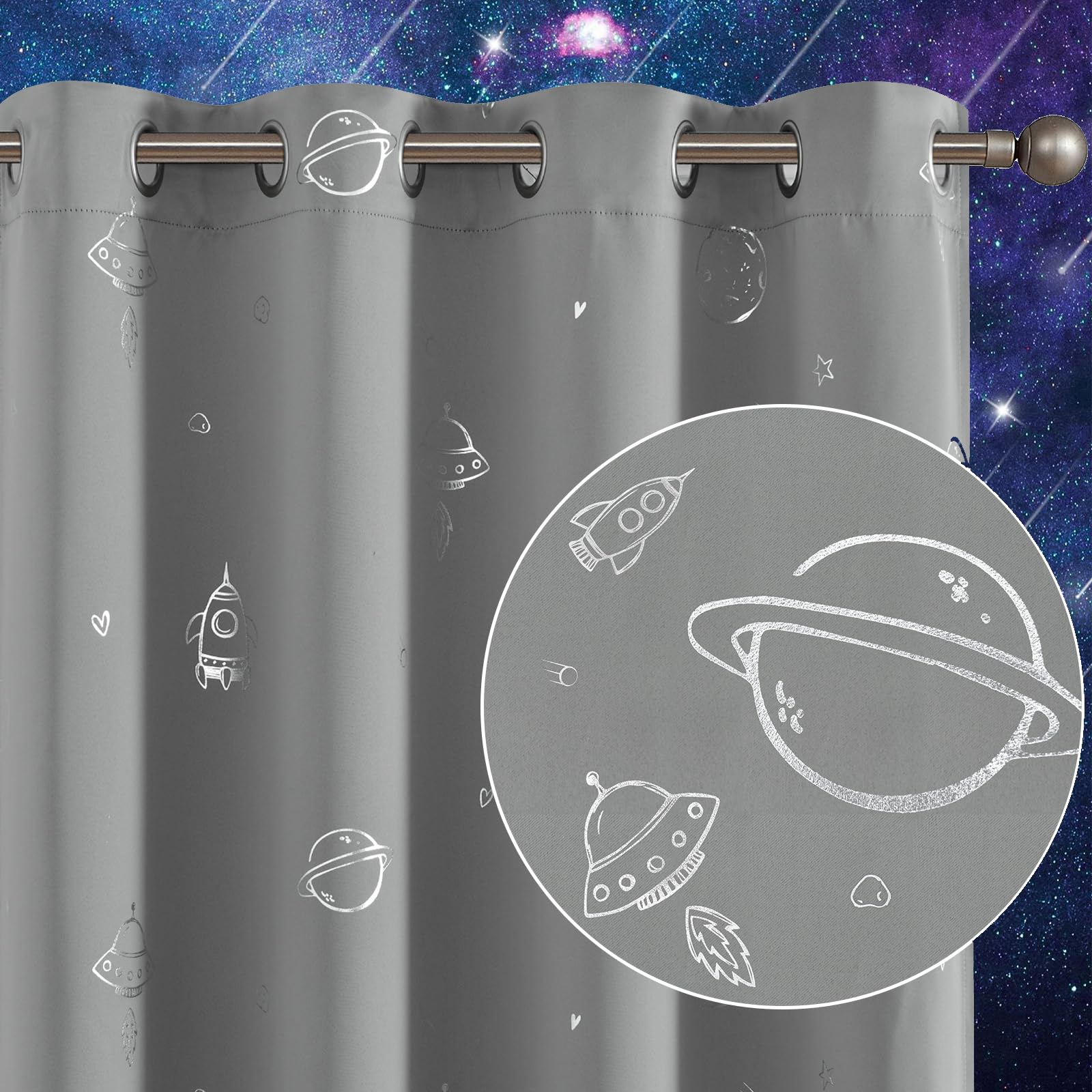 Space Planets Blackout Curtains 84 Inches Long - 2 Panels, Grey with Silver Foil Print, Grommet Top for Kids Room & Bedroom - Perfect for Nursery, Living Room & Home Theater Light Blocking