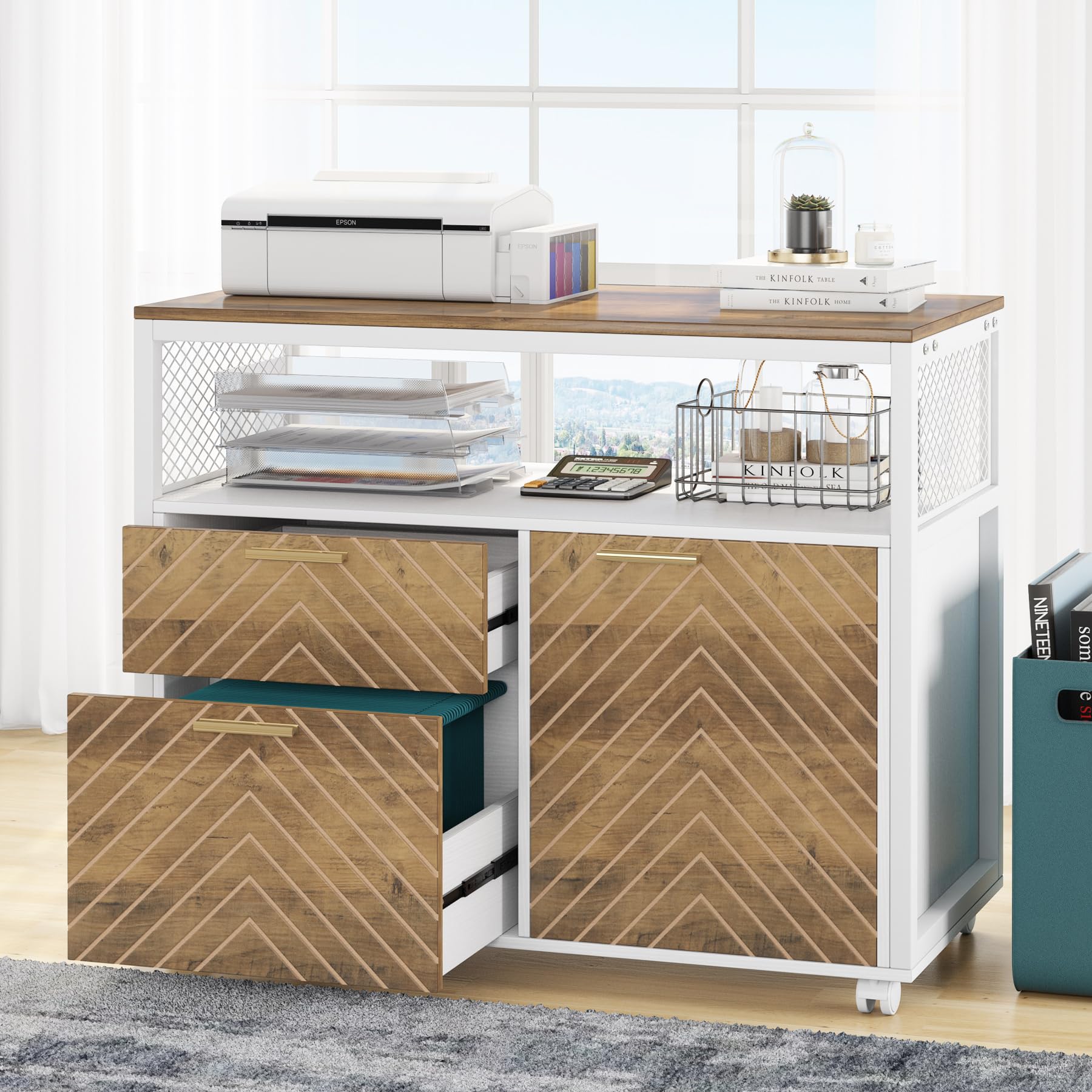 Tribesigns Modern Lateral File Cabinet with 2 Drawers & Door - Letter Size Home Office Storage with Rolling Casters & Printer Stand - Perfect for Organizing Documents, Supplies & Office Equipment