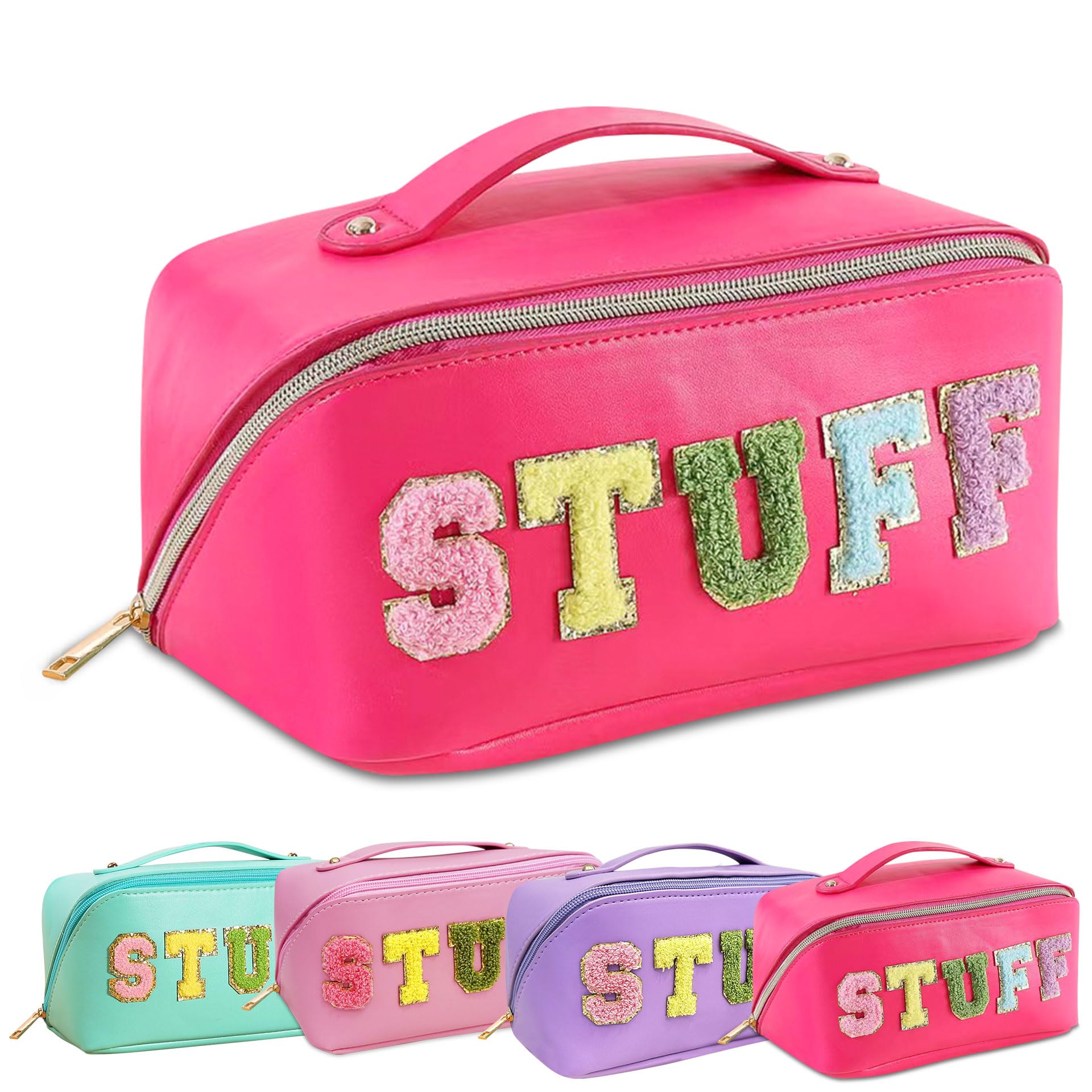 Preppy Patch Makeup Bag - Small Chenille Letter Cosmetic Pouch, Waterproof Zipper Toiletry Bag for Women & Teens | Perfect for Travel, Gym, School & Gift Giving