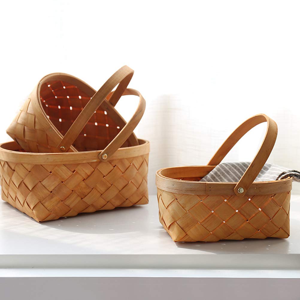 Natural Woven Wooden Picnic Storage Basket with Folding Handles - Easter Basket, Closet Organizer, Bath & Kids Toy Storage Container - Perfect for Outdoor Picnics, Home Organization & Playroom Storage