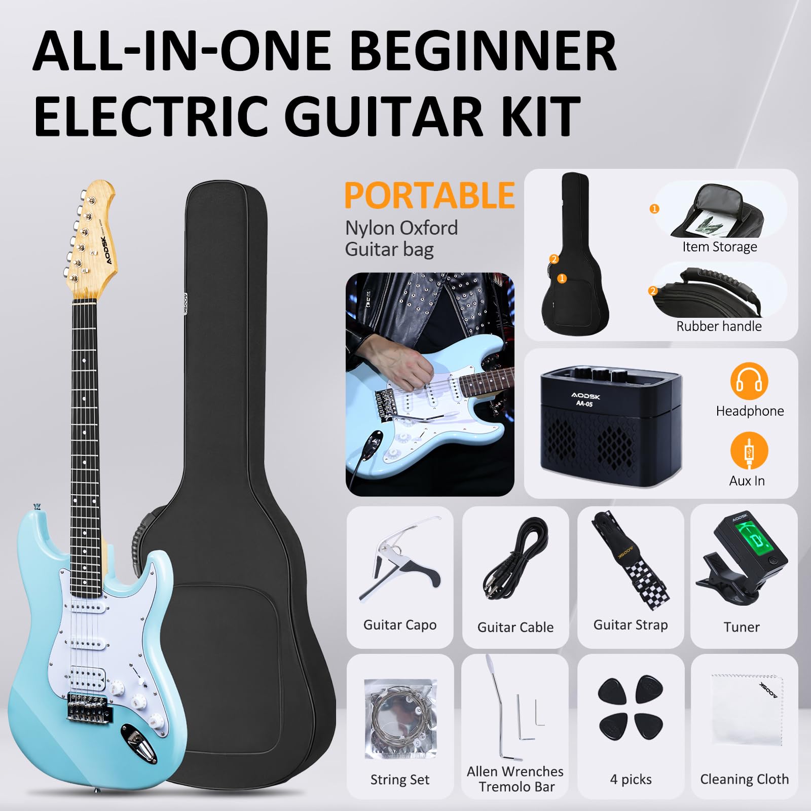 AODSK 39 Inch Full Size Electric Guitar Starter Kit with Amp, HSS Pickups, Digital Tuner, Tremolo Bar, Strap & Gig Bag - Perfect for Beginners, Practice & Live Performances (Blue)