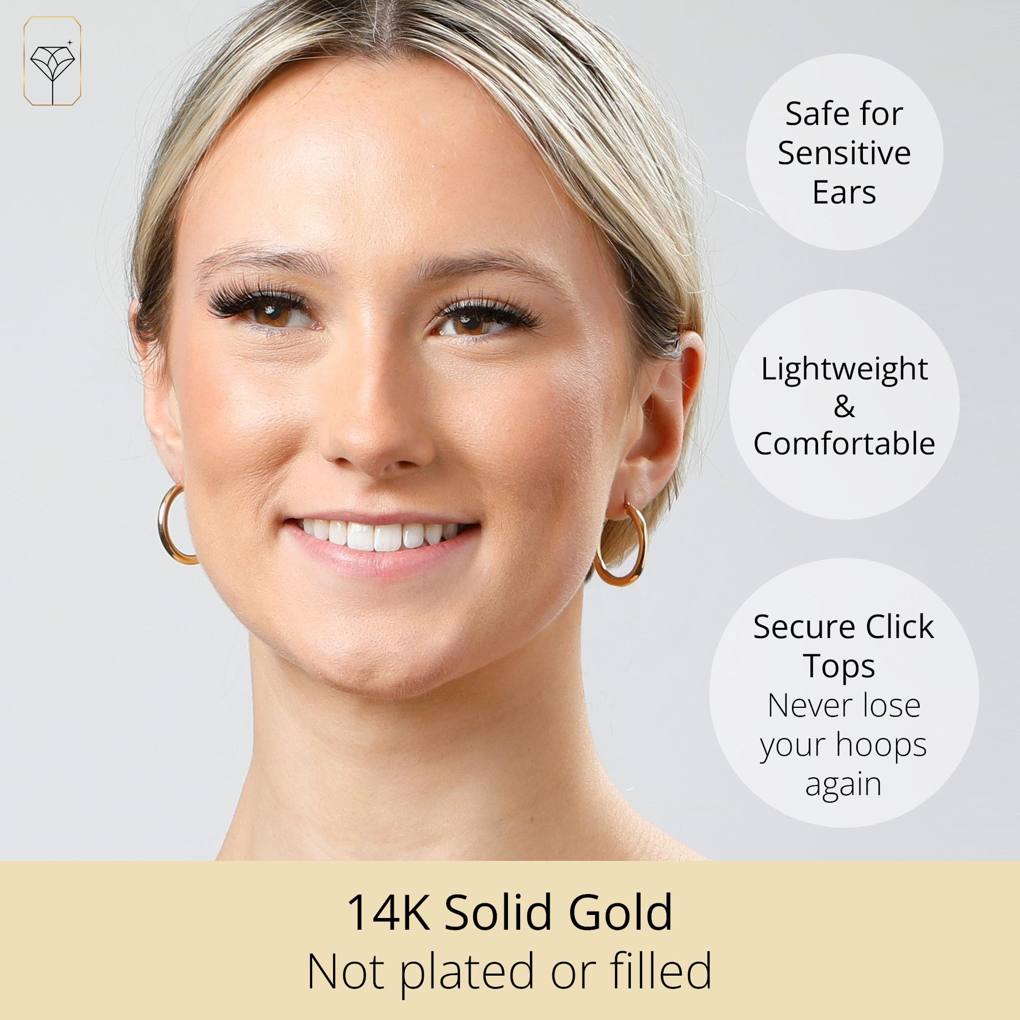 14K Solid Gold Hoop Earrings for Women - Yellow or White Gold Click Closure Hoops (0.75