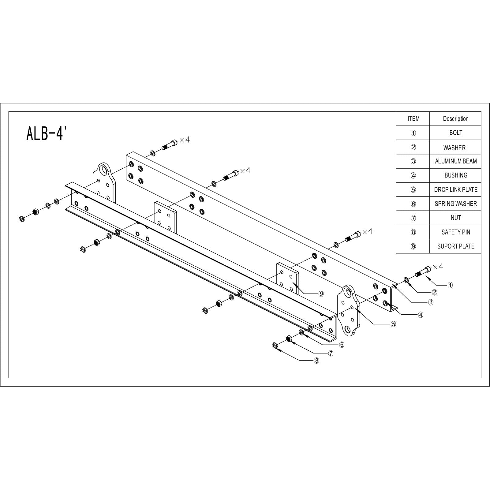 2 Ton (4400 LBS) Aluminum Spreader Lifting Beam - 4 Foot Heavy Duty Lightweight Bar for Construction, Warehouse & Automotive Lifting Applications