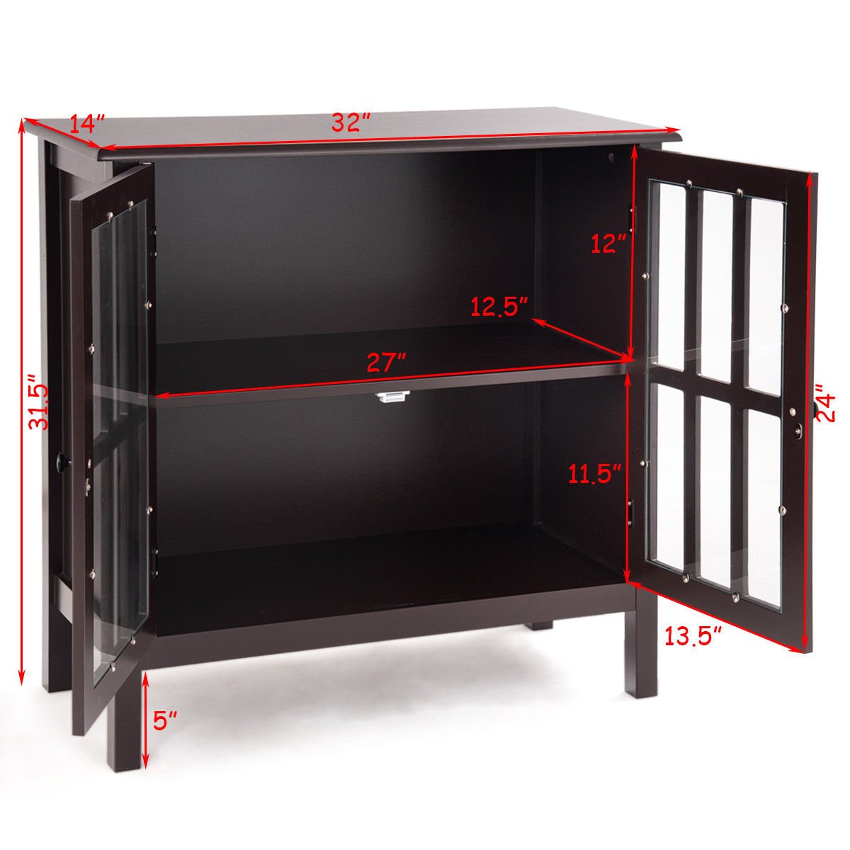 Brown Storage Buffet Cabinet with Glass Doors - Sideboard Console Table for Dining Room, Living Room Display & Storage - Perfect for Showcasing China, Glassware & Home Decor