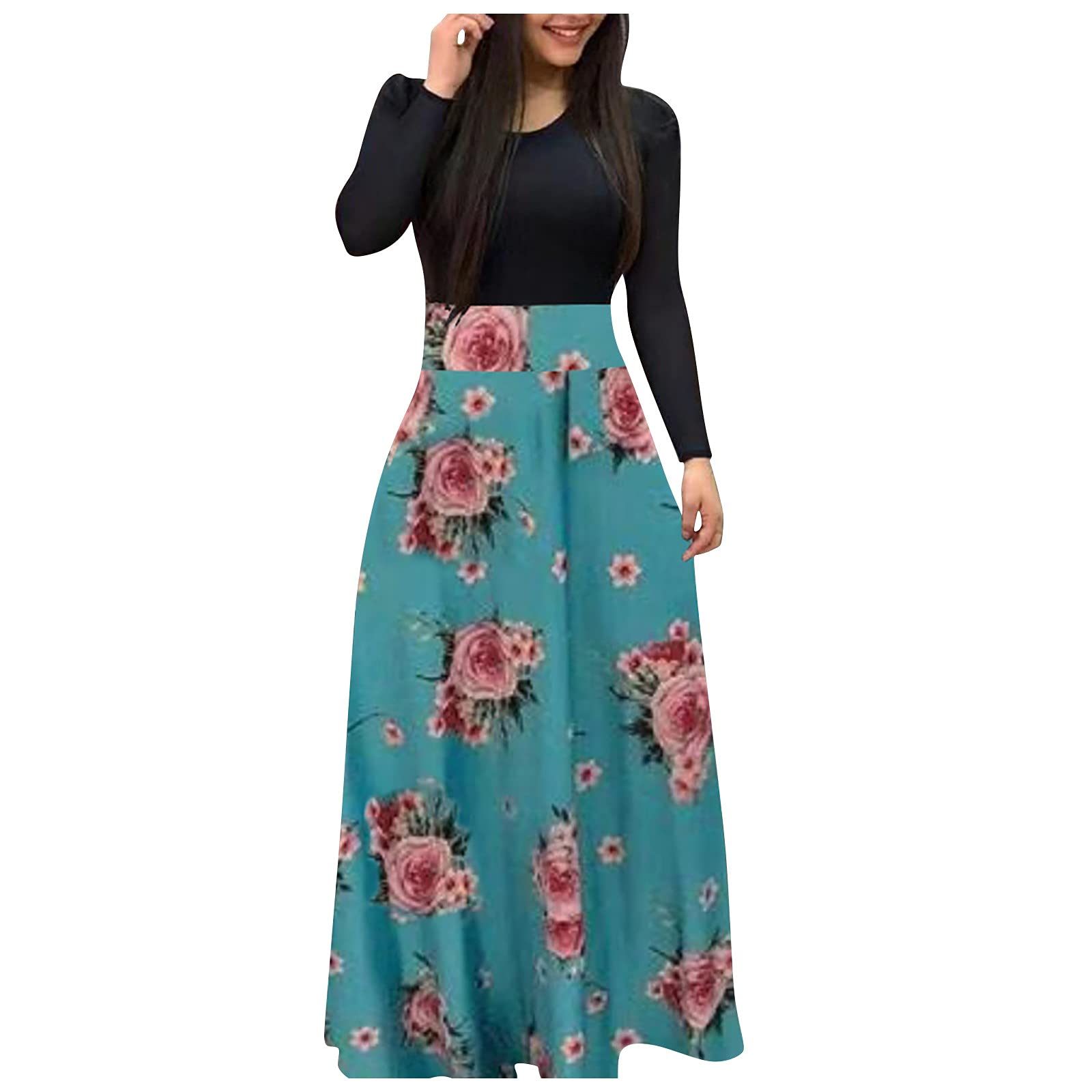 SERYU Women's Floral Print Long Sleeve Maxi Dress - Elegant Casual Tunic Dress for Spring Summer, Perfect for Beach Vacation, Date Night & Everyday Wear