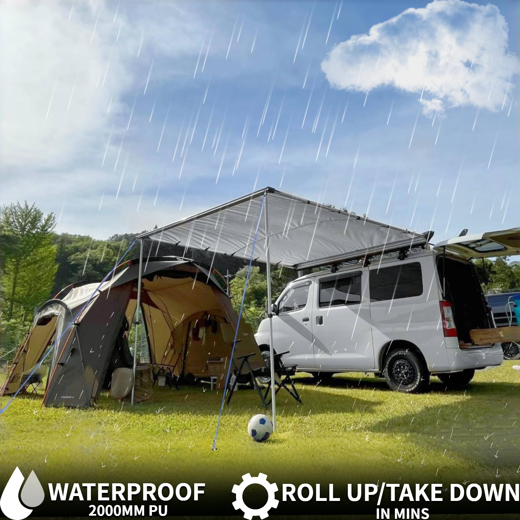 DANCHEL OUTDOOR Car Awning - Waterproof Portable SUV/Truck/Van Sun Shelter (4.9x8.2ft Gray) | Universal Roof Rack Pull-Out Shade for Overland Camping, Beach Trips & Outdoor Adventures