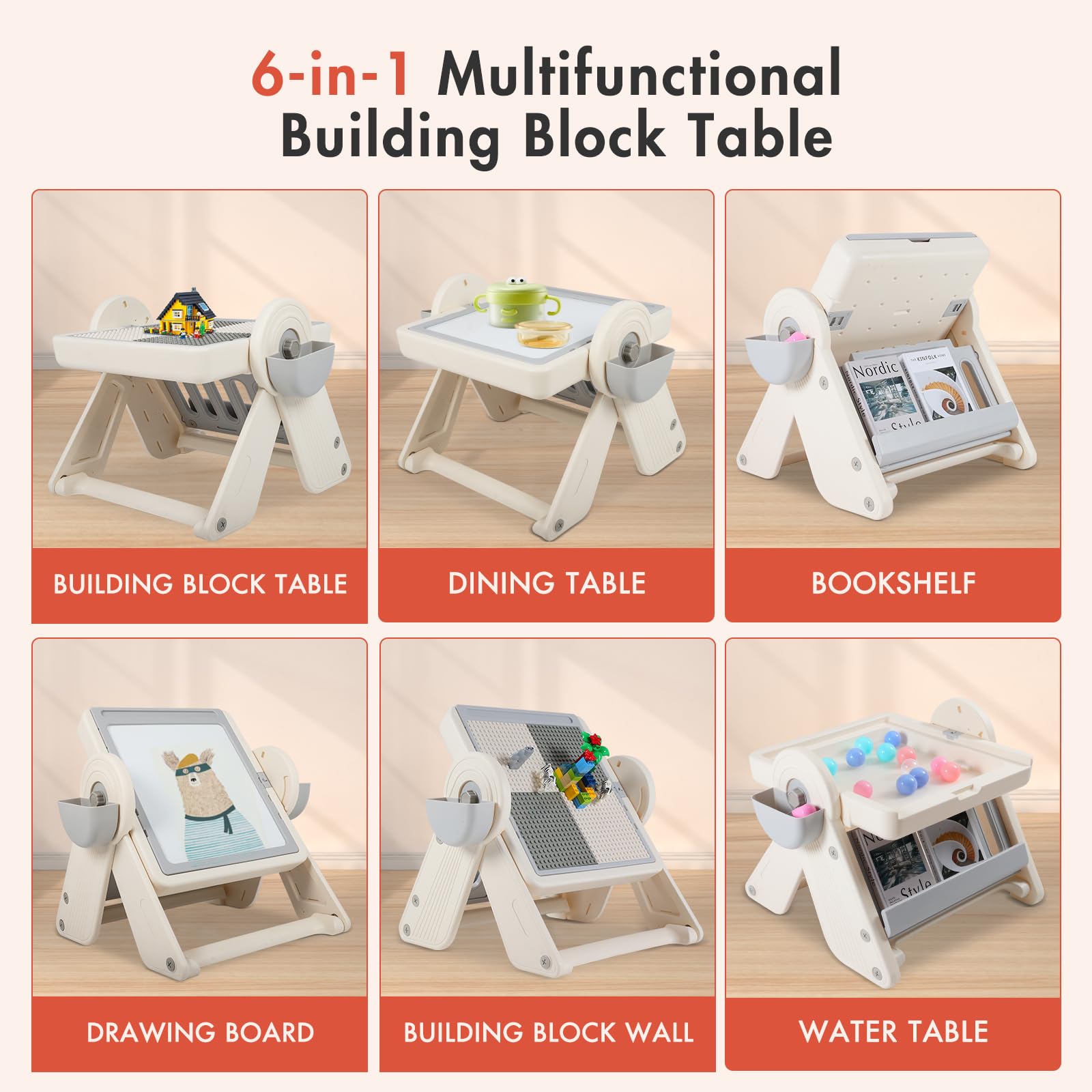 8-in-1 Kids Activity Table with Chairs - Foldable Toddler Building Block Play Table for Drawing, Reading & Creative Play - Includes Bookshelf & Drawing Board (Blocks & Accessories Sold Separately) - Perfect for Preschool Learning, Daycare Centers & Home Playrooms