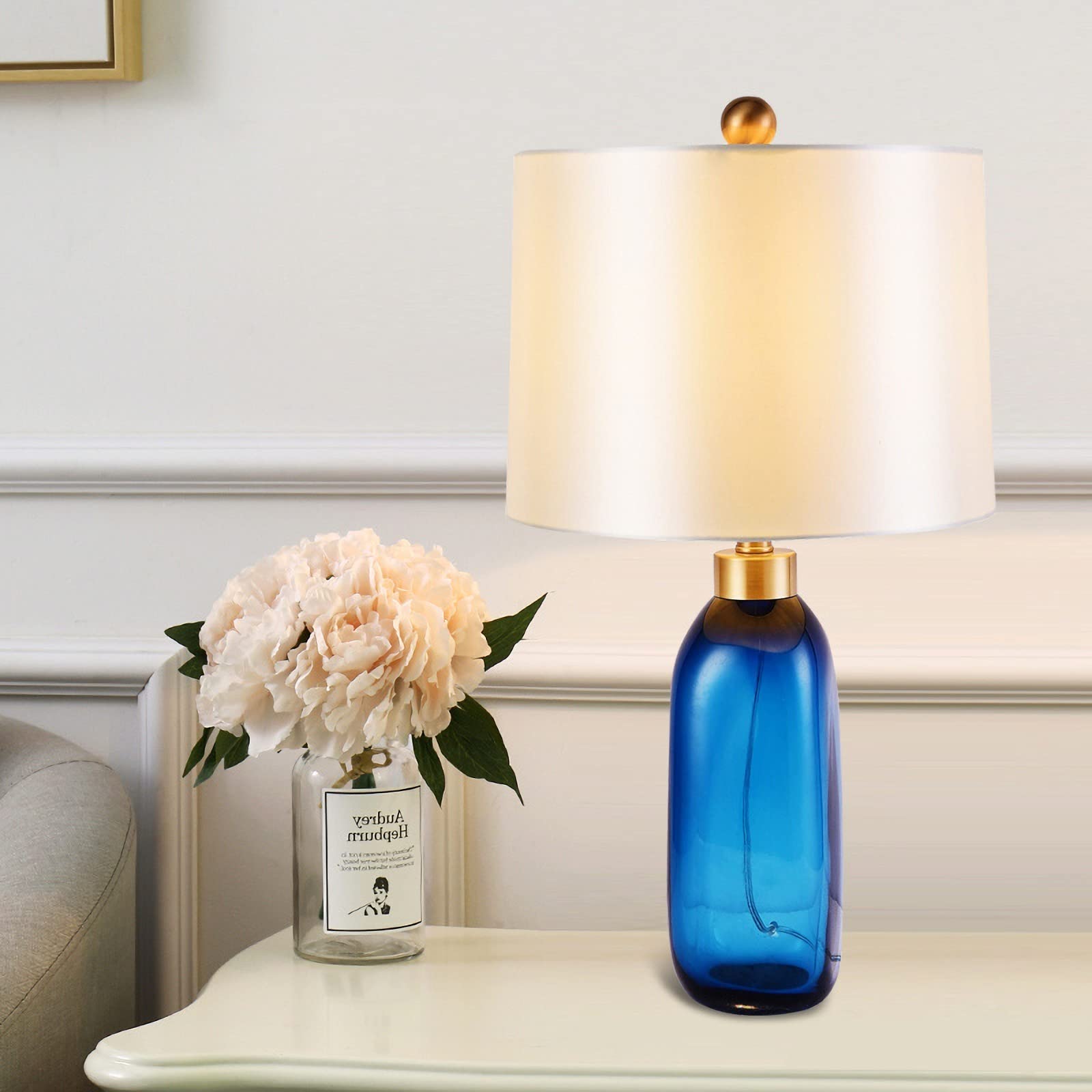 Nordic Blue Glass Desk Lamp - Modern Oval Deskside Lamp with White Fabric Shade, Nightstand Lighting for Living Room, Bedroom, Home Office & Entryway | Perfect for Reading, Working & Ambient Lighting