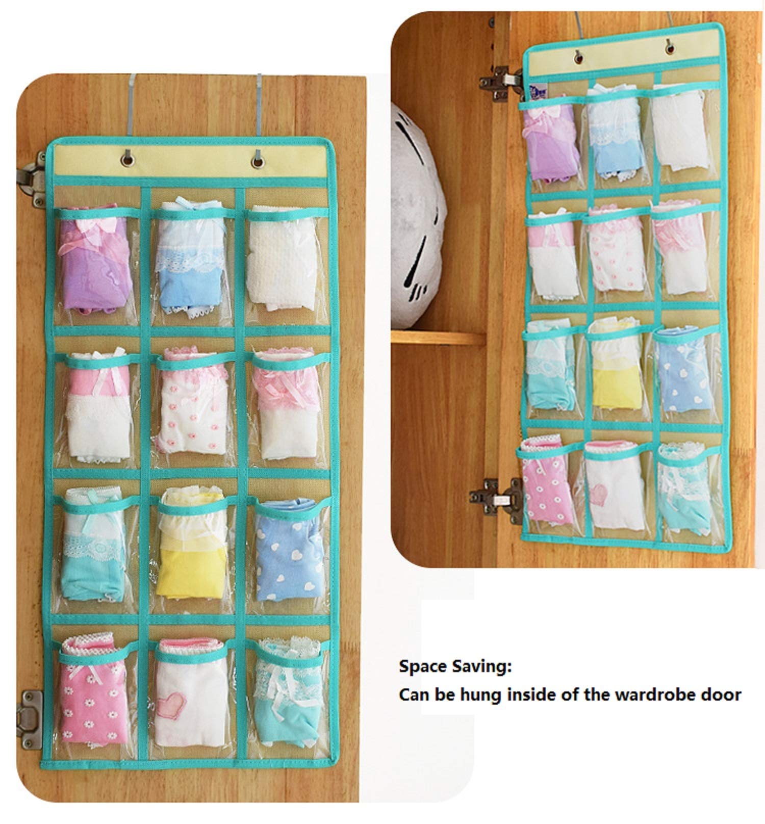 NIMES Over The Door Organizer with Clear Pockets - Hanging Closet Storage for Underwear, Socks, Jewelry, Classroom Supplies, Cell Phones & Calculators (Beige, 12+9 Pockets) - Perfect for Dorm Rooms, Bedrooms & Small Space Organization