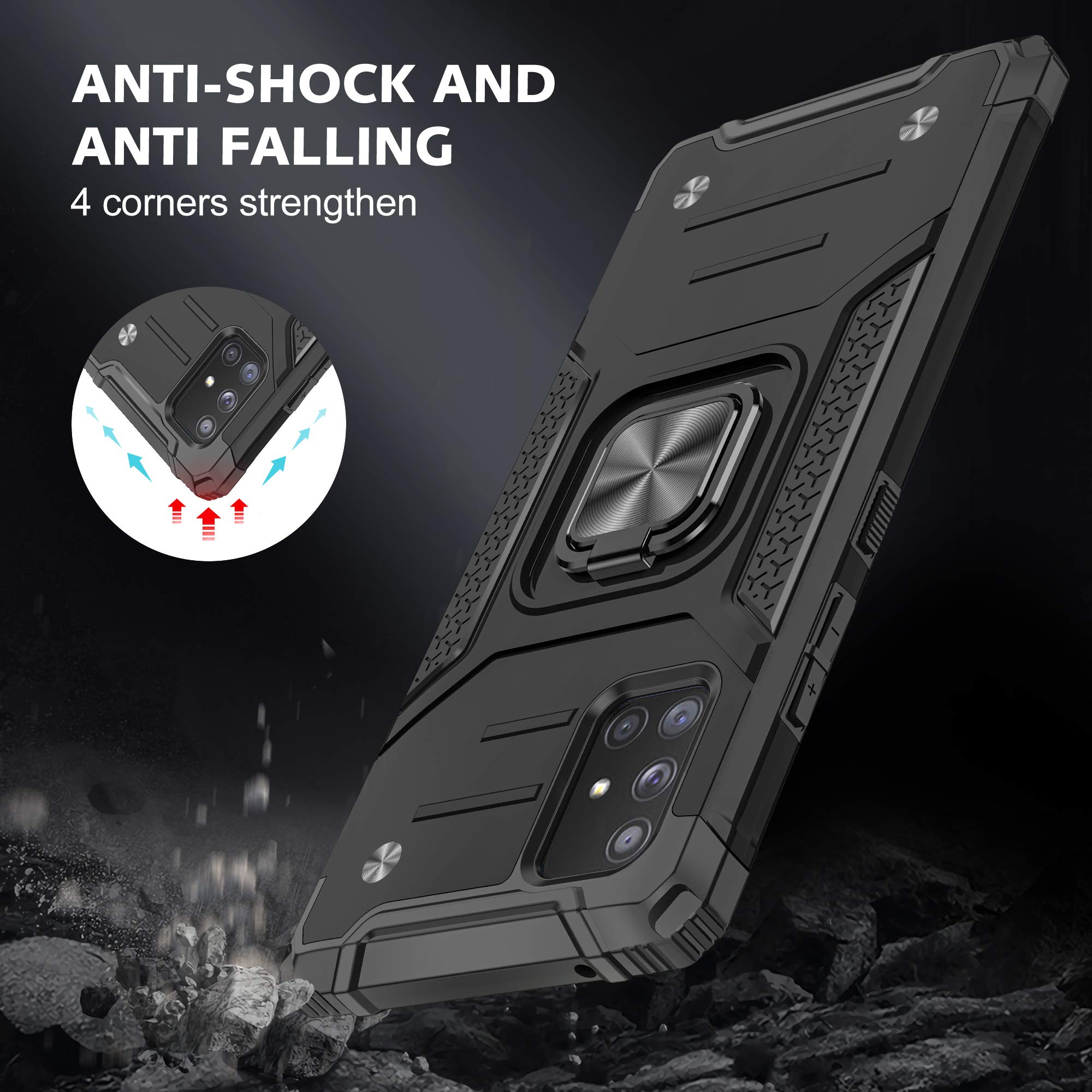 Samsung Galaxy A71 5G Case with Tempered Glass Screen Protector - Military Grade Protective Phone Cover with Magnetic Car Mount & Kickstand (Black) - Perfect for Work, Travel, and Outdoor Activities