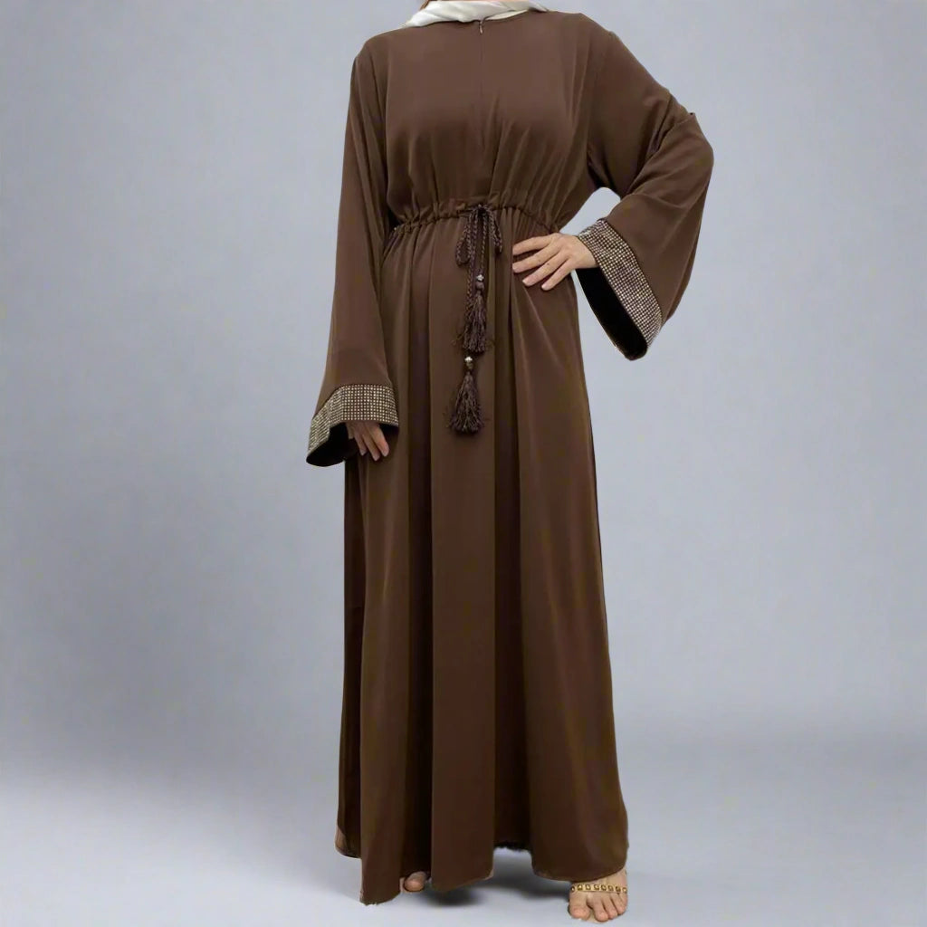 Hotfix Rhinestone Cuff Abaya Dress with Pockets - Elegant Muslim Women's Islamic Clothing for Parties, Weddings & Special Occasions