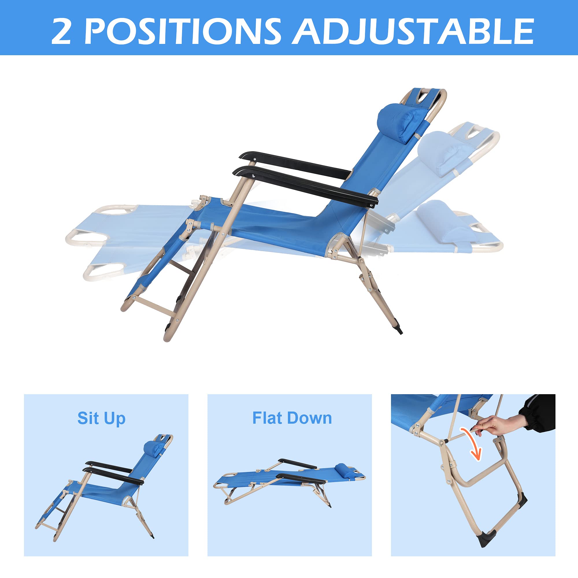 4 Pack Outdoor Chaise Lounge Chairs - Lightweight Folding Recliners with Removable Adjustable Pillow, Patio Poolside Sunbathing Chairs for Backyard, Beach & Garden - Blue
