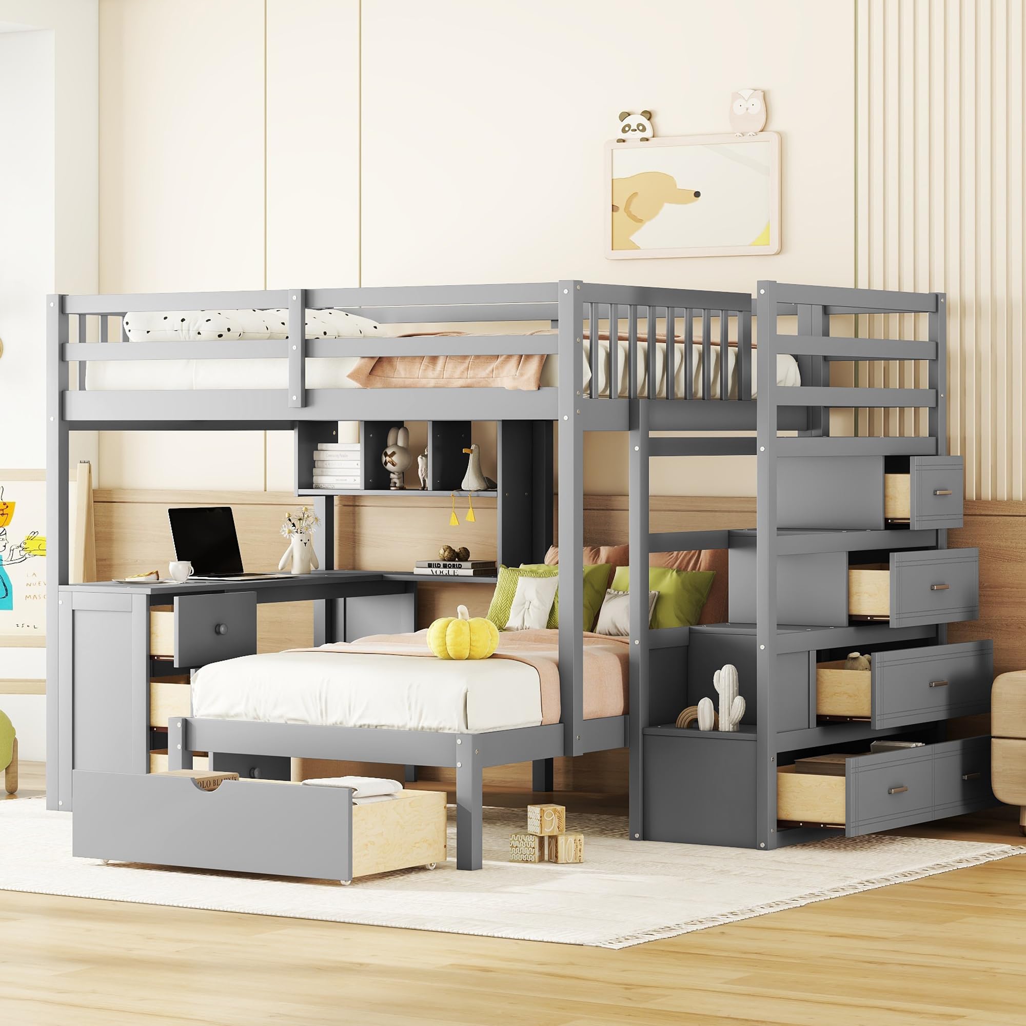 SOFTSEA Solid Wood Full Over Full Bunk Bed Frame with Built-in Desk, Staircase & Storage Drawers - Sturdy, Noise-Free, No Box Spring Needed - Grey - Perfect for Kids' Bedroom, Guest Room & Space-Saving Solutions