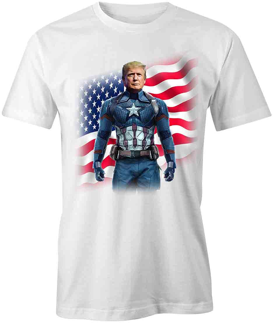 Trump Captain America Graphic T-Shirt - Patriotic Printed Tee for Men | White Cotton Shirt for Political Supporters, Comic Fans & American Pride | Perfect for Rallies, Cosplay & Casual Wear