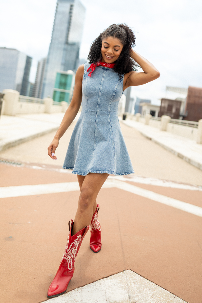 Country Denim High Neck Mini Dress for Women - Vintage Western Style Party Outfit - Perfect for Concerts, Festivals & Date Nights