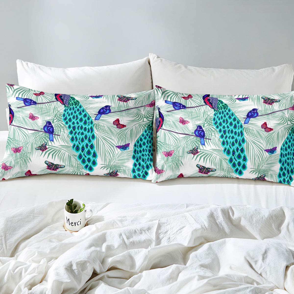 Erosebridal Peacock & Palm Leaf Duvet Cover Set - Twin Size 2-Piece Bedding with Zipper Closure, Butterfly & Bird Branch Design - Perfect for Boho Bedroom Decor & Guest Room Makeover