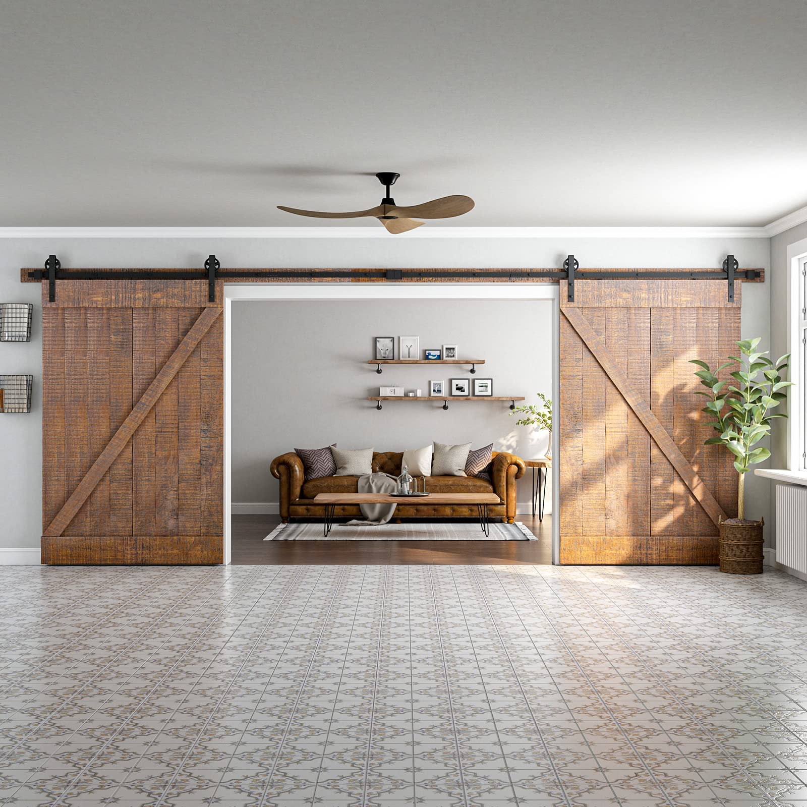 SMARTSTANDARD 18ft Sliding Double Barn Door Hardware Kit - Heavy Duty Industrial Design, Smooth & Quiet Operation, Easy Installation for 54