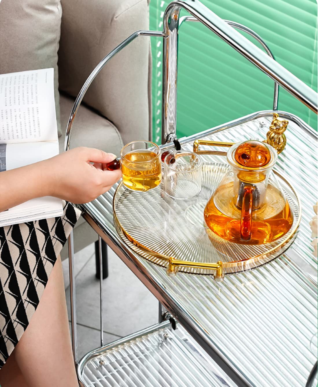 Modern Round Plastic Decorative Tray with Gold Handles - 11.61