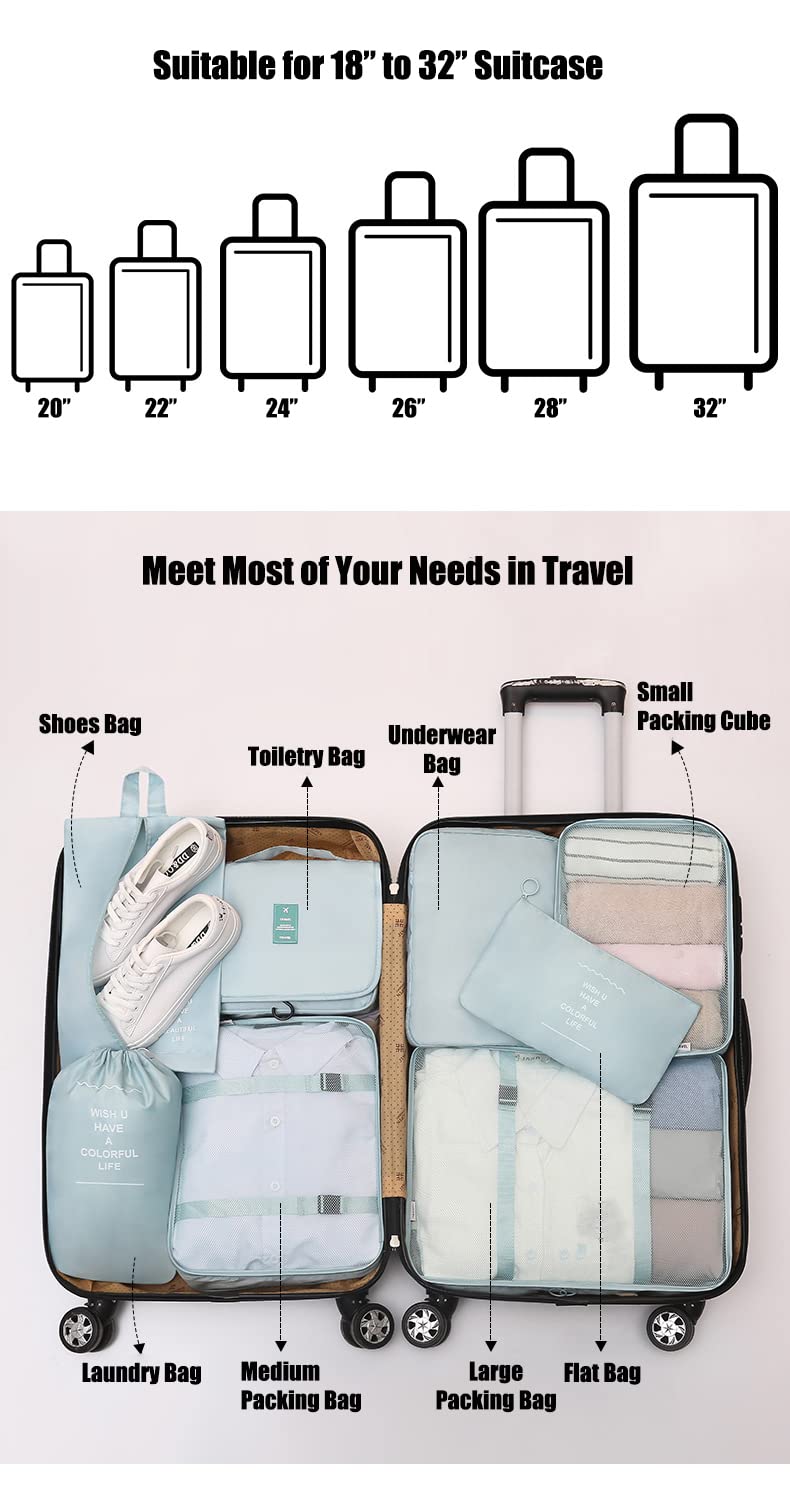 8-Piece Travel Packing Cubes Set - Lightweight Luggage Organizers for Suitcases with Bonus Toiletries Bag | Perfect for Clothes, Shoes & Cosmetics | Ideal for Business Trips, Vacations & Weekend Getaways