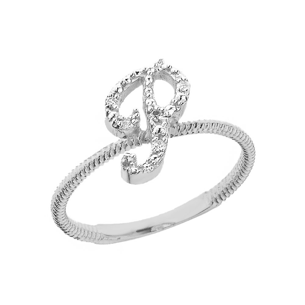 10K White Gold Diamond Initial Letter P Stackable Rope Ring for Women - Elegant Personalized Jewelry Gift for Birthday, Anniversary & Everyday Wear