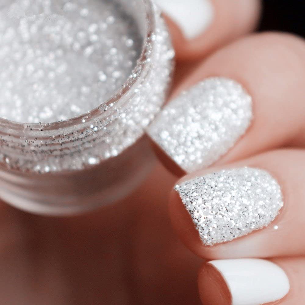 2 Pack 10ml White & Silver Nail Glitter Powder Dust - 1mm Fine Nail Art Decorations for Manicure, Acrylic Nails, Gel Polish & DIY Nail Designs (Perfect for Parties, Weddings & Special Occasions)