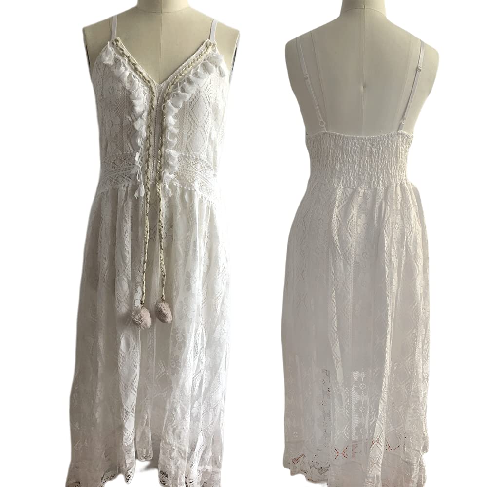 Blamplud Women's White Lace Summer Dress - Sexy V-Neck Sleeveless/Sleeve Slip Dress for Casual Wear, Beach Vacation & Date Night Outfits