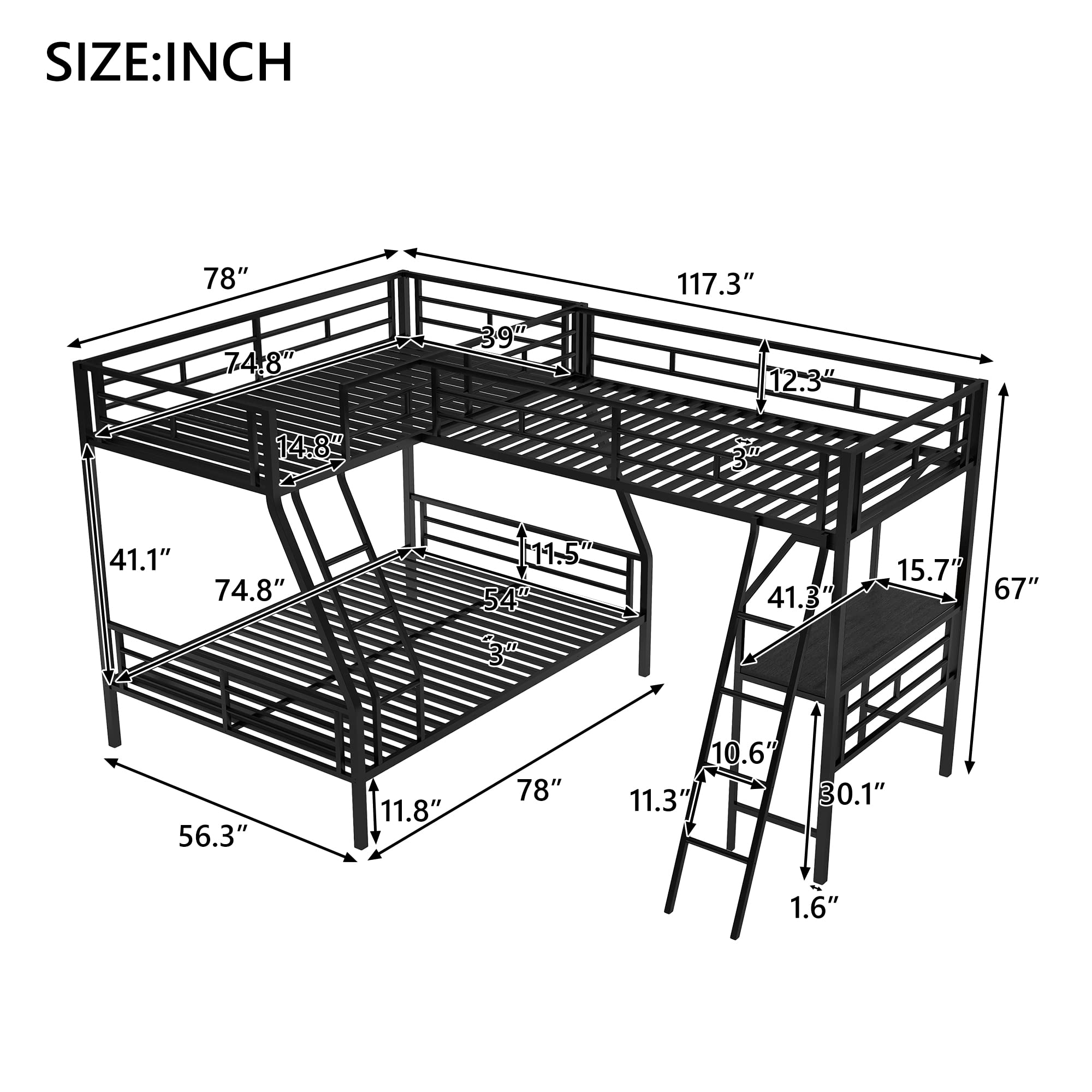 SOFTSEA Triple Bunk Bed with Desk - Twin Over Twin Over Full Metal Loft Bed for 3 Kids, Space-Saving L-Shaped Design with Ladder, No Box Spring Needed - Perfect for Small Bedrooms, Kids' Rooms & Shared Spaces