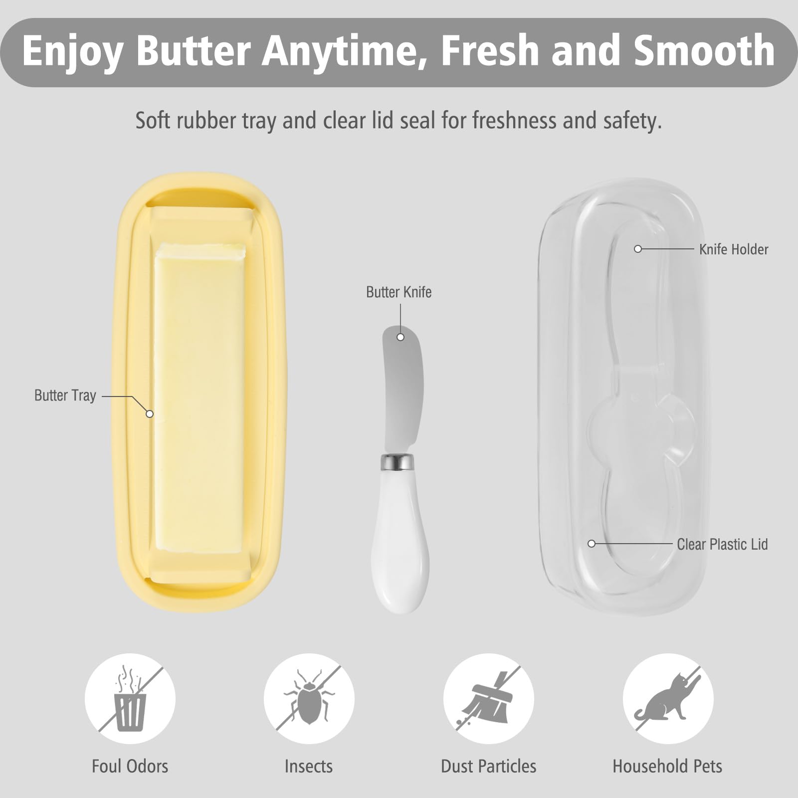 Clear Plastic Butter Dish with Lid and Knife - Butter Keeper for Countertop & Refrigerator - Easy Scoop & Clean - Perfect for West & East Coast Butter - Ideal for Breakfast, Baking, and Kitchen Storage