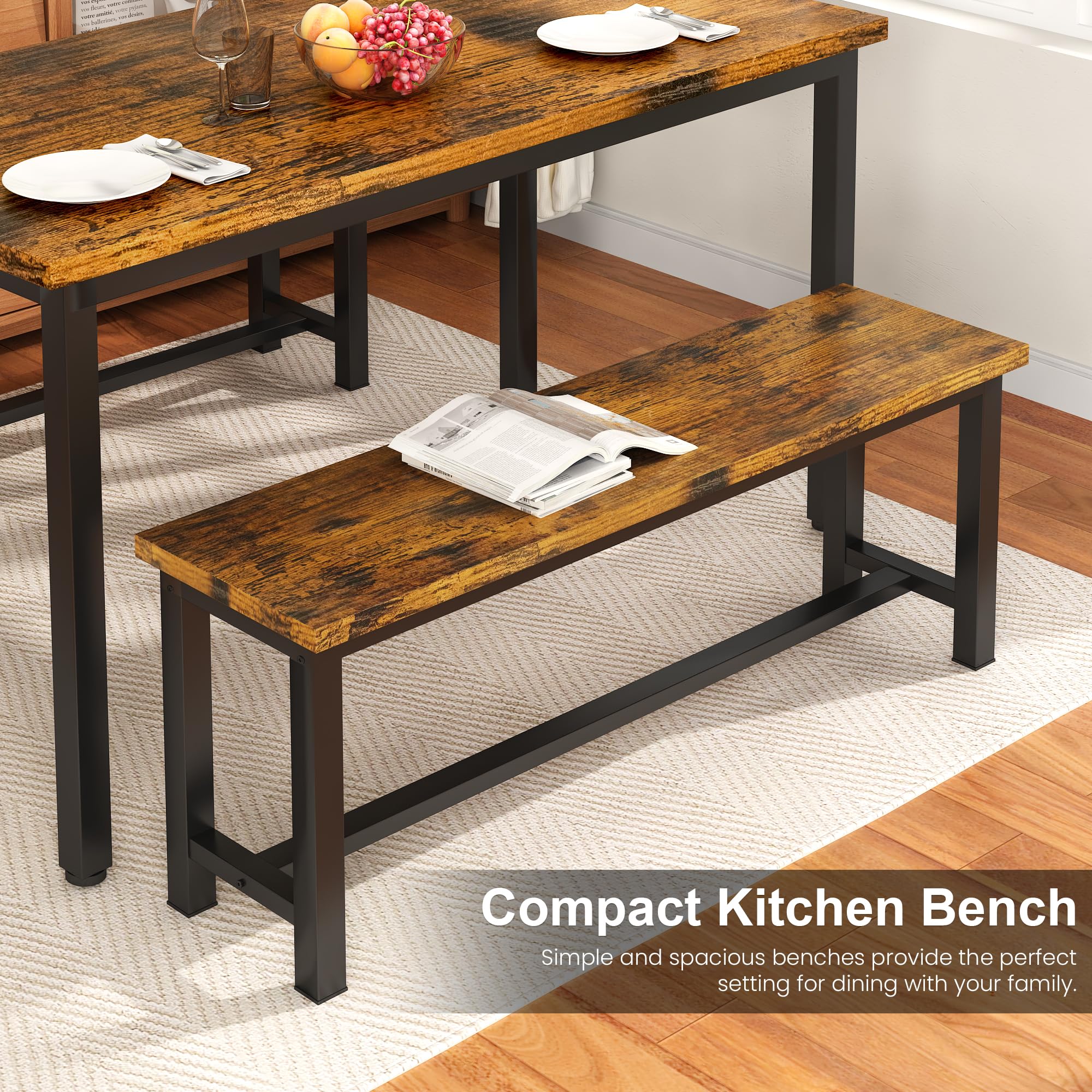 DKLGG 39 Inch Rustic Brown Dining Benches Set of 2 - Industrial Metal Leg Kitchen & Entryway Benches for Living Room, Bedroom, Dining Area - Durable & Stable Wooden Seating for Home Decor & Small Space Solutions