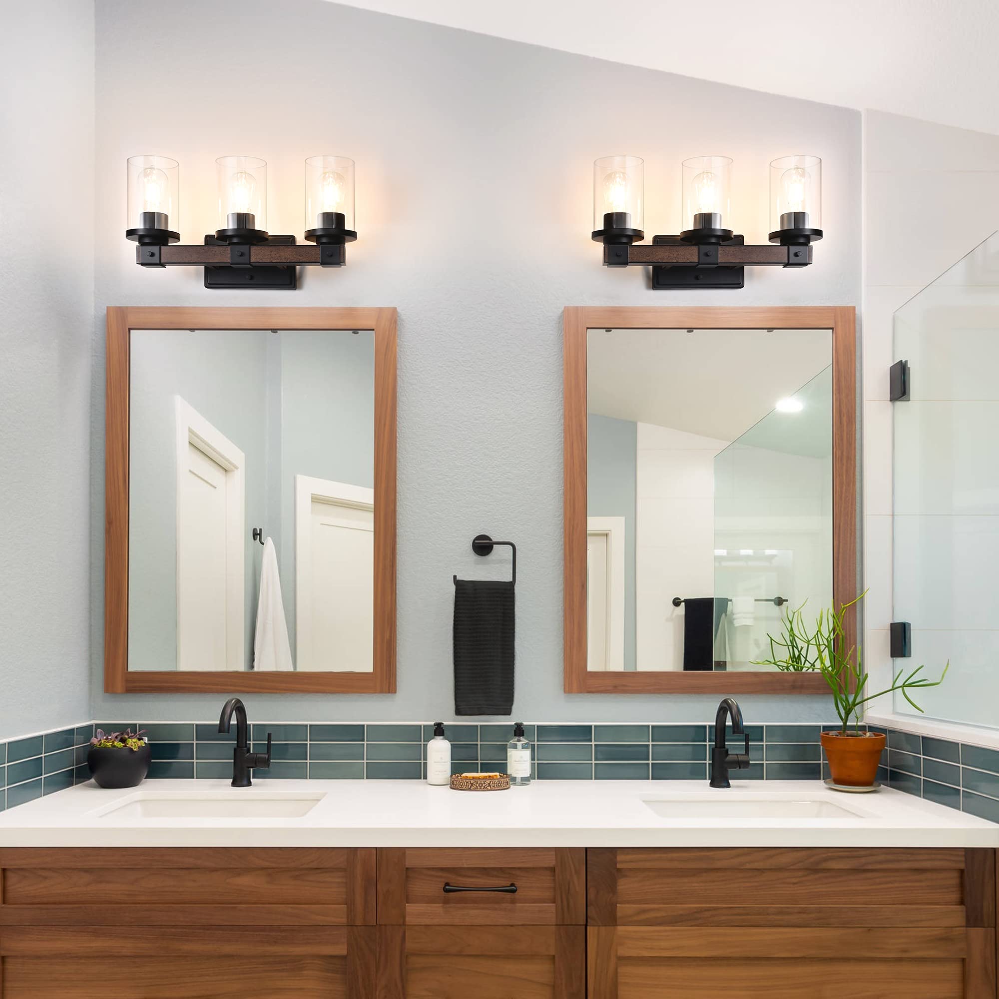 Farmhouse Vanity Lights for Bathroom - 3-Light Wall Sconce with Clear Glass Shades, E26 Base - Perfect for Bathroom Mirror, Vanity Table & Living Room Lighting Decor
