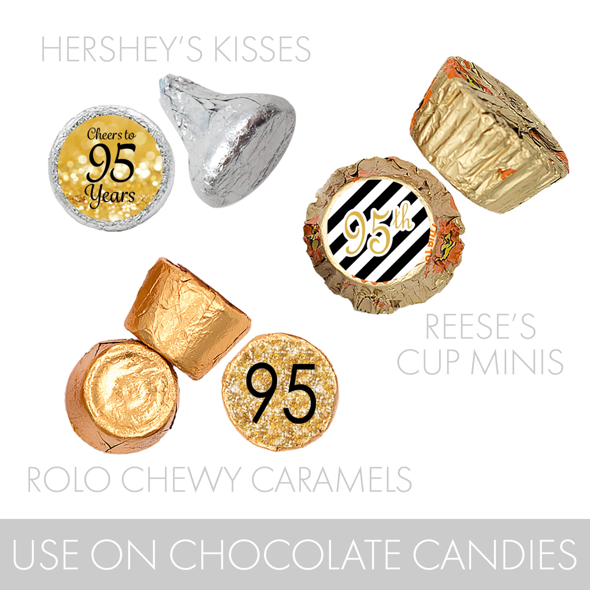Black and Gold 95th Birthday Party Favors - 180 Chocolate Kisses Candy Stickers for 95th Birthday Decorations - Perfect for Milestone Celebrations, Gift Bags & Dessert Toppings