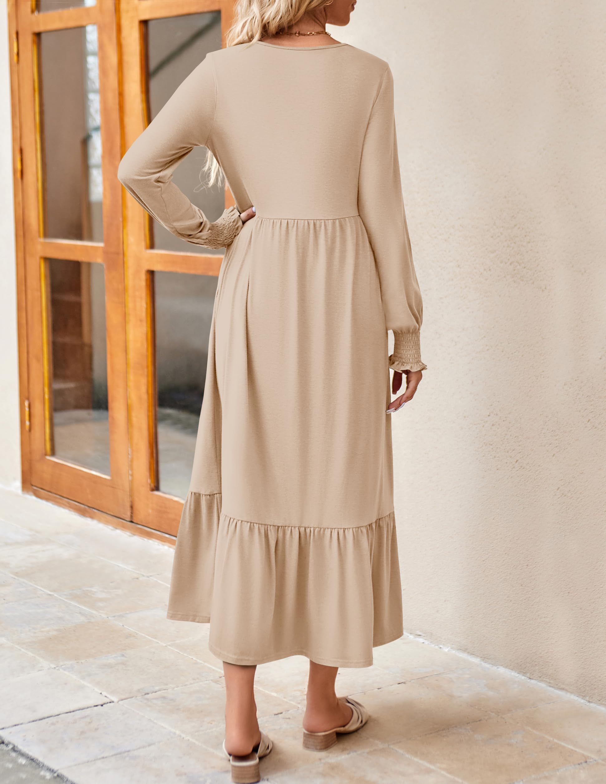 ZESICA Women's Spring Long Sleeve Dress 2025 - Crewneck Casual Loose Pleated Tiered Swing Midi Dress with Pockets | Perfect for Office, Brunch & Spring Outfits