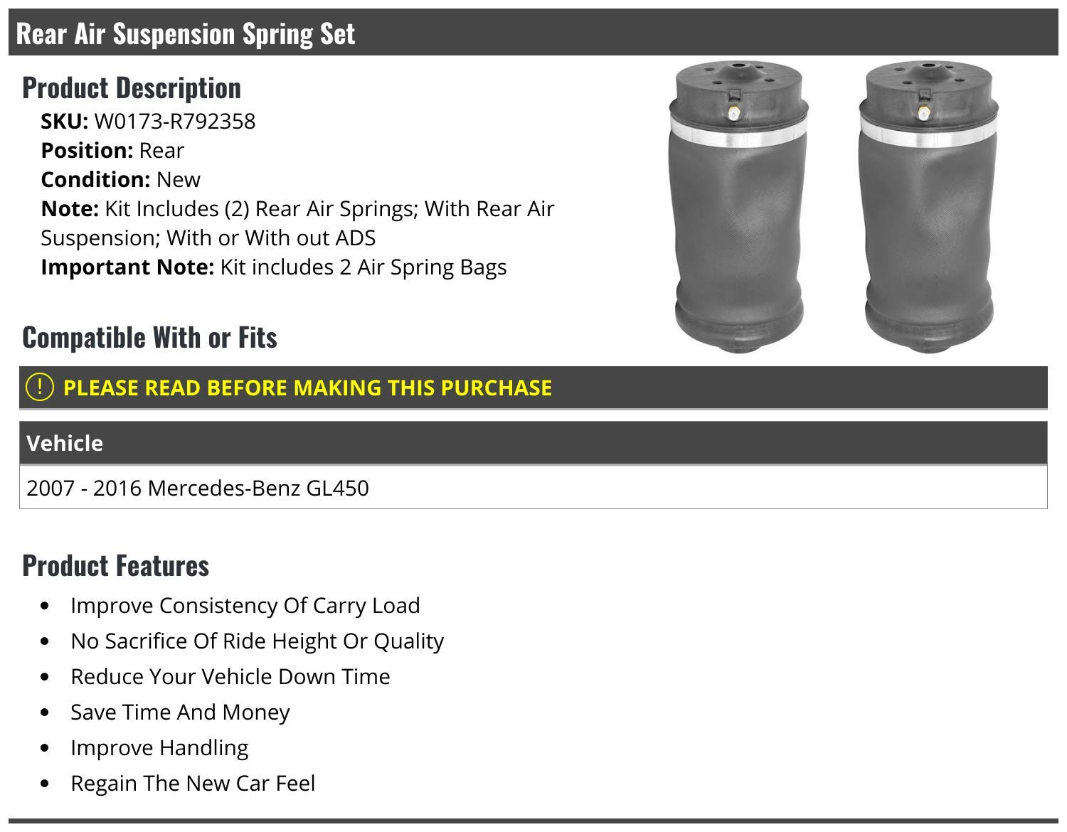 Premium Rear Air Suspension Spring Set of 2 - Compatible with 2007-2016 Mercedes Benz GL450 | Replacement Suspension Kit for Smooth Ride & Enhanced Vehicle Stability | Perfect for Off-Roading, Towing & Daily Commuting