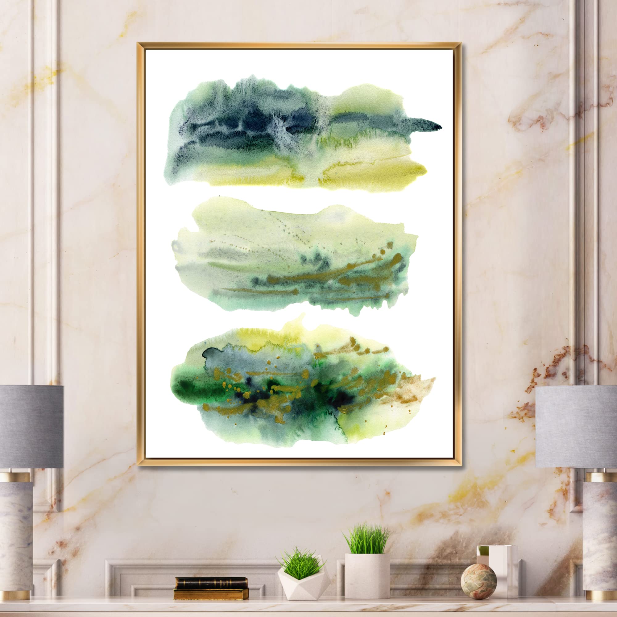 DesignQ Golden Green Abstract Clouds with Blue Points - Modern Framed Canvas Wall Art Print for Living Room, Bedroom & Office Decor