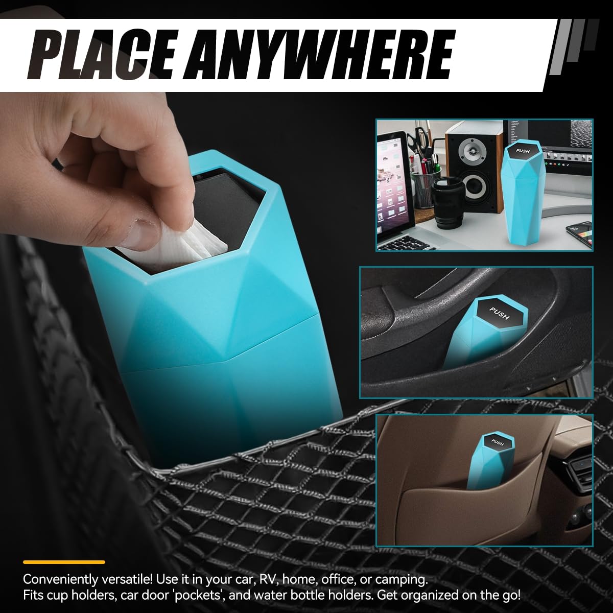 Auto Dynasty Car Trash Can with Lid - 2 Pack Leakproof Mini Garbage Can for Car Cup Holder, Includes 30 Trash Bags - Blue Vehicle Interior Organizer for Home, Office & Travel | Perfect for Road Trips, Commuting & Keeping Your Car Clean