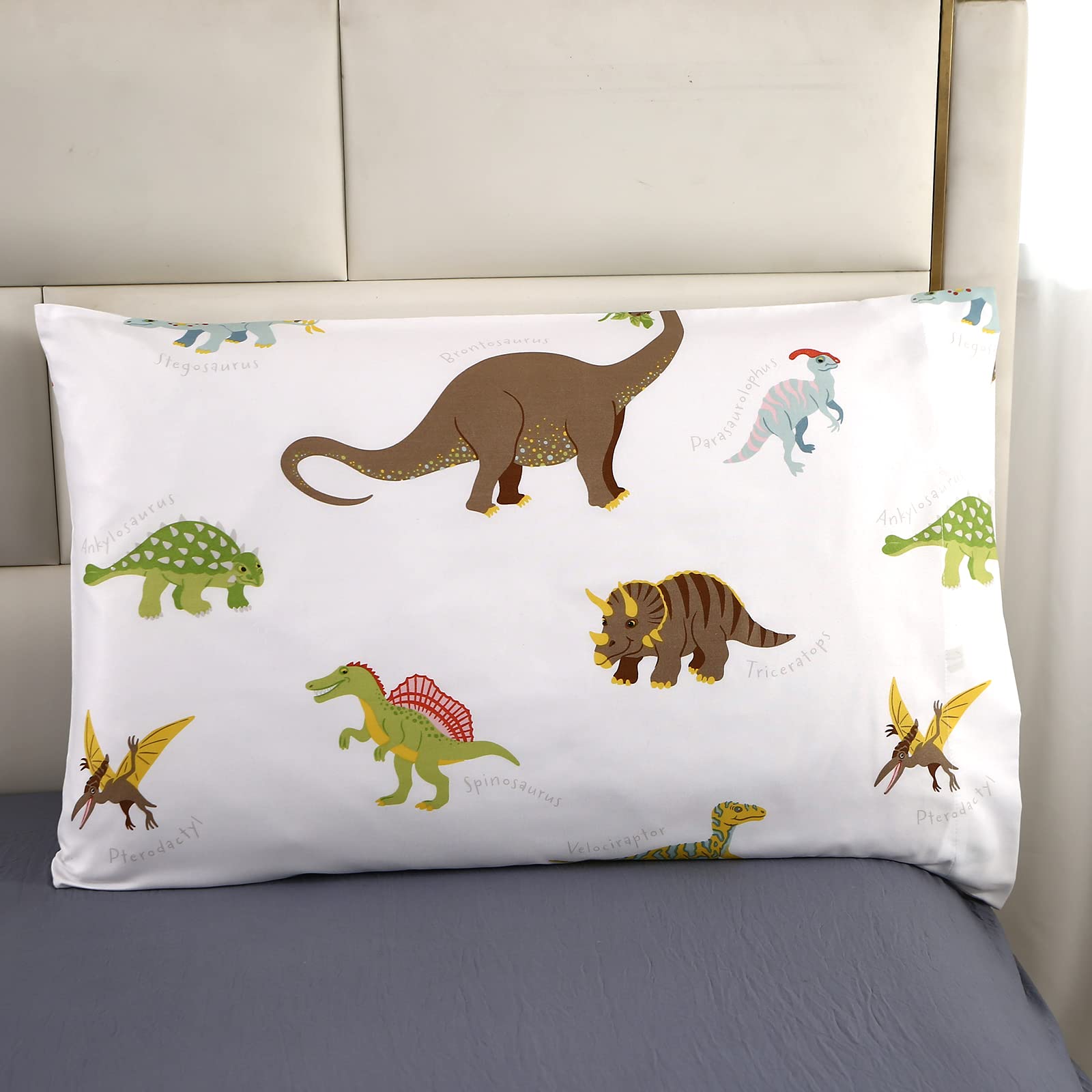 2 Pack White Dinosaur Print Standard Pillowcases 20x26 Inches - Soft Bedding for Kids Room, Dorm, or Home Decor - Perfect for Boys and Girls Bedroom