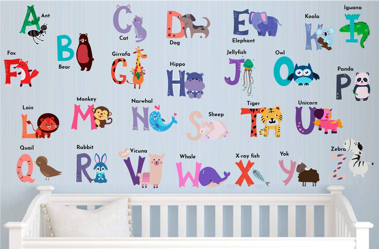 DEKOSH Animal Alphabet Wall Decals for Baby Nursery | Peel & Stick ABC Stickers for Toddlers Learning | Cute Nursery Decor for Boys & Girls | Perfect for Kids Bedroom, Playroom & Classroom Decor